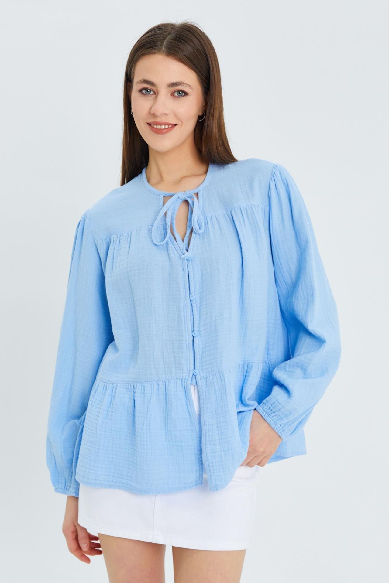 Mixray Long Sleeve Relaxed Fit Blouse with Tie-Neck 1