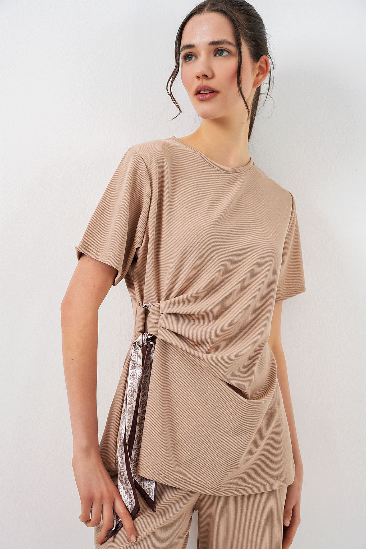 BDART Crew Neck Tie Detail Ribbed Co-Ord Set with Wide Leg Trousers 2