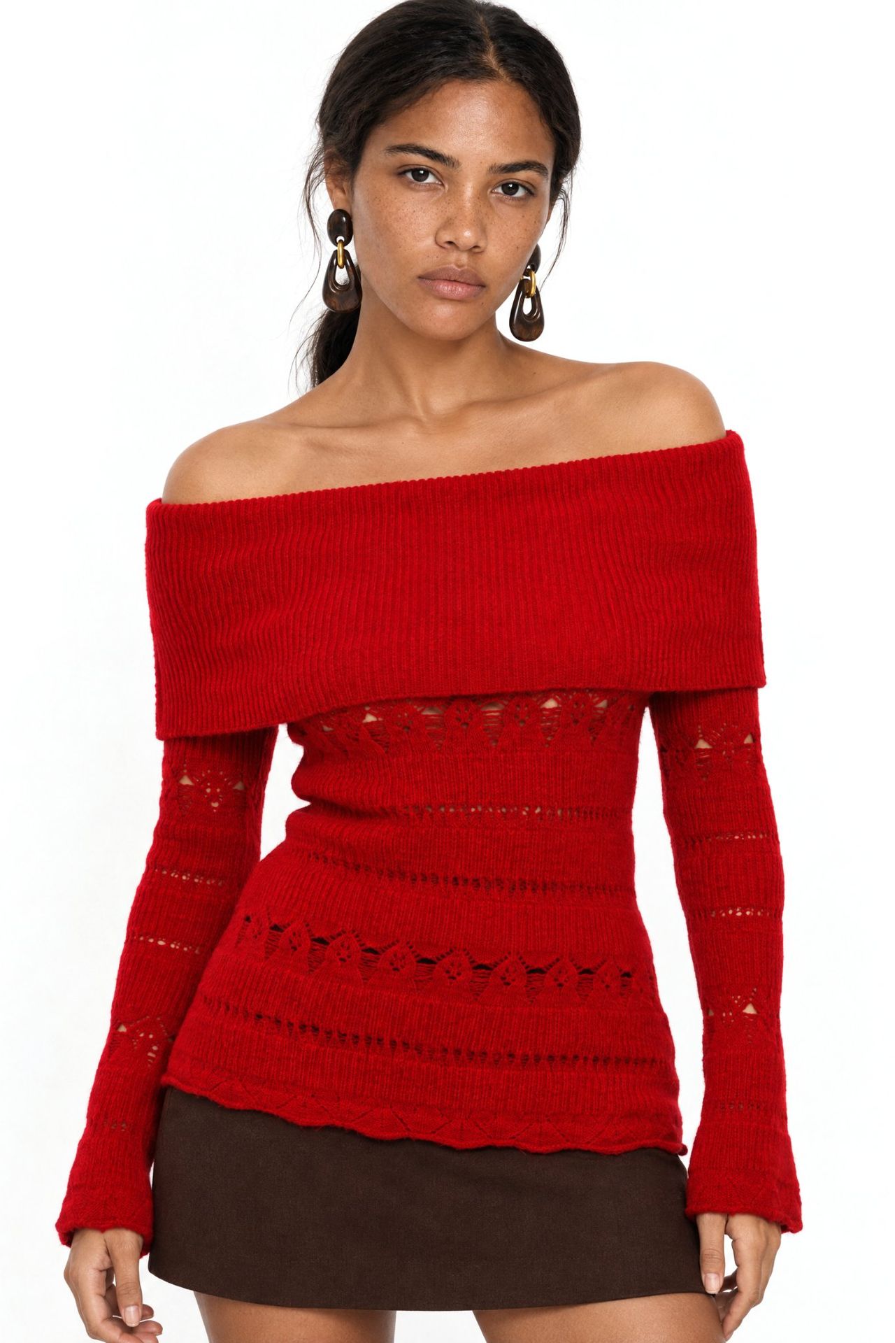 MIXRAY Off Shoulder Textured Ribbed Sweater with Cut Out Details 1