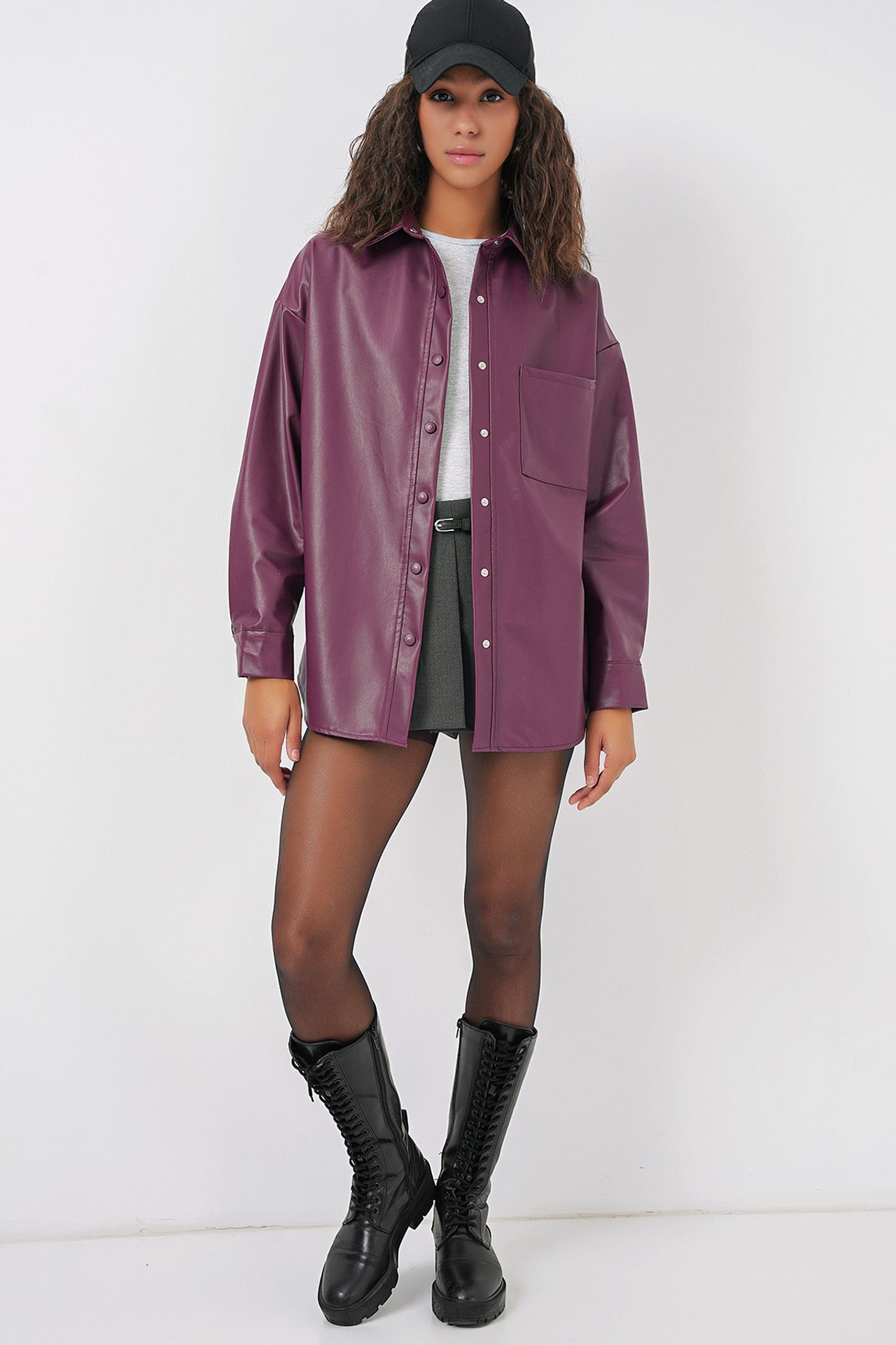 BDART Oversized Faux Leather Long Sleeve Button-Up Shirt with Pocket 2