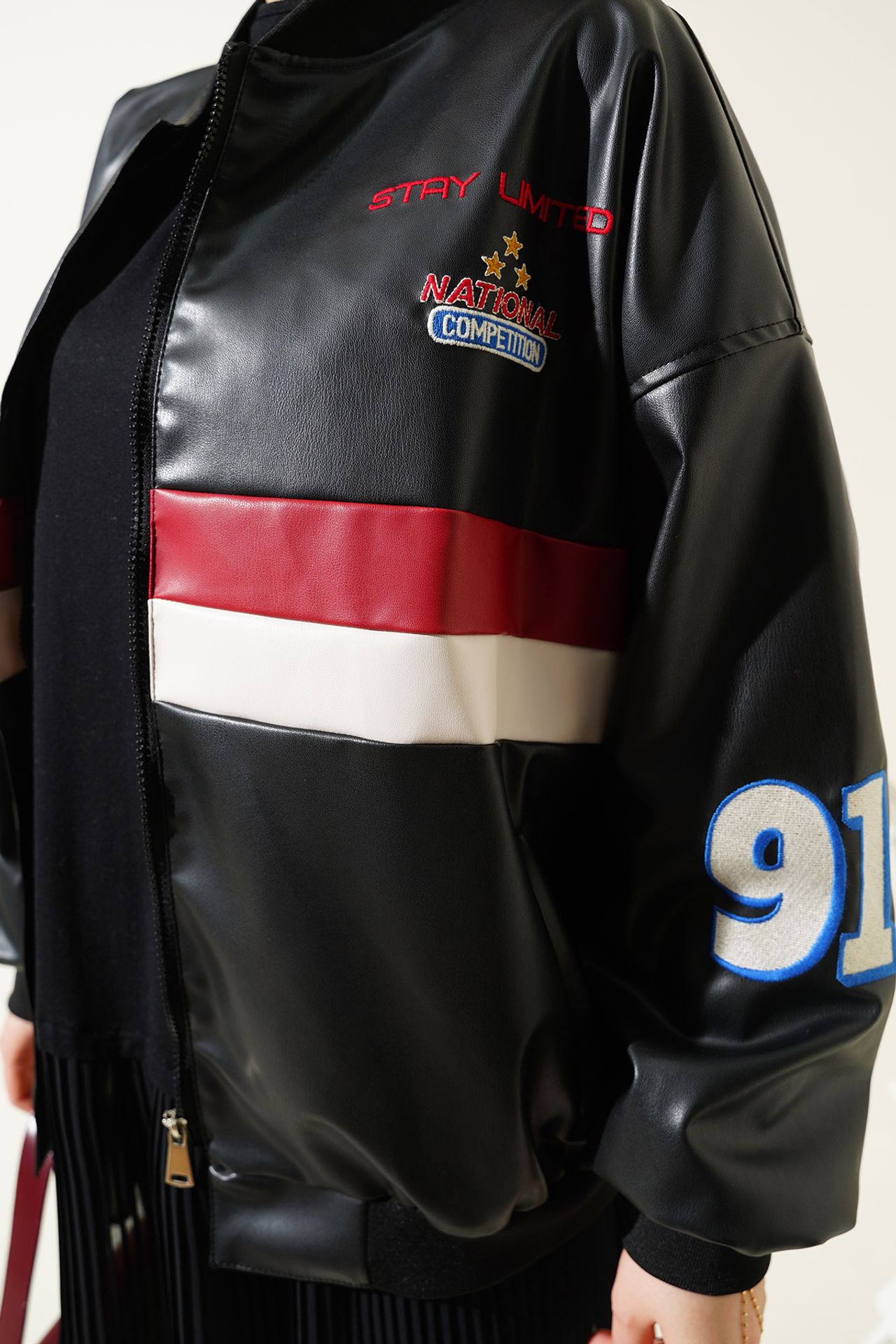 BDART Color Blocked Faux Leather Oversized Bomber Jacket 4