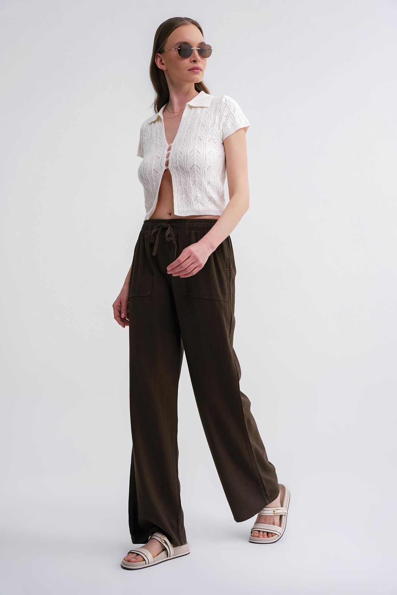 MIXRAY Mid Waist Straight Leg Cotton Pants with Tie Closure 2