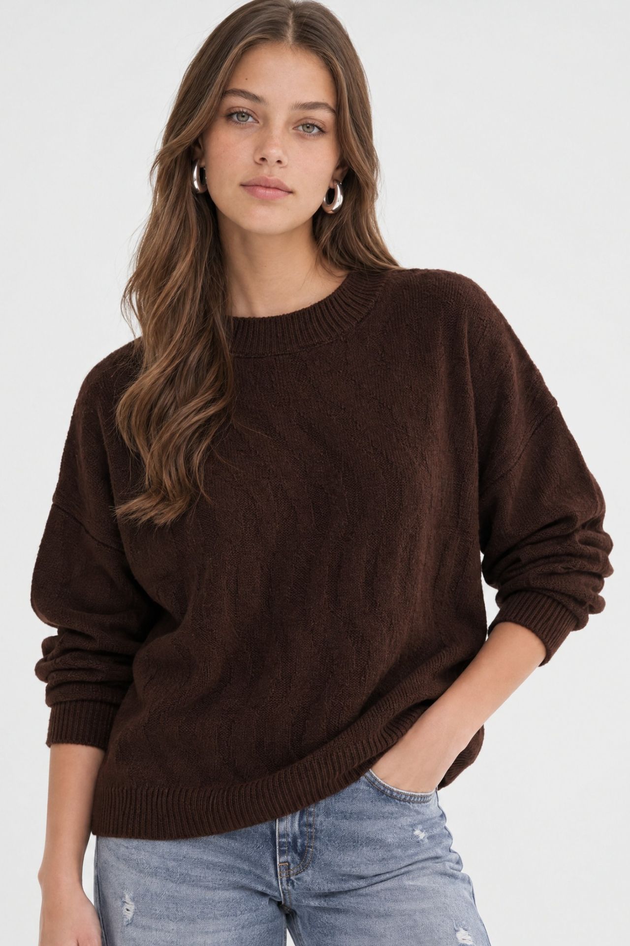 Mixray Ribbed Knitwear Pullover Sweater with Hair Braid Pattern 1