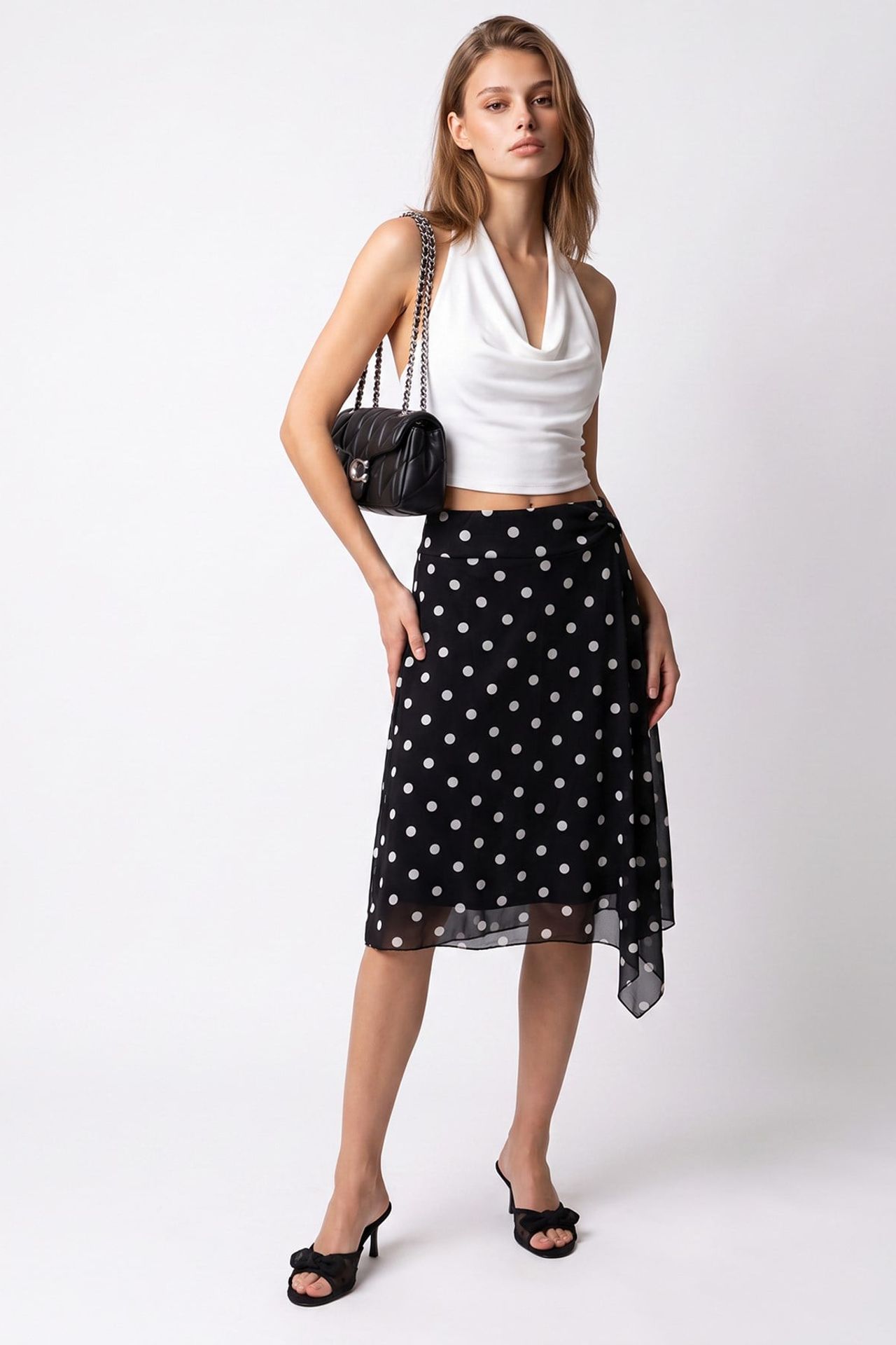 MIXRAY High-Waist Polka Dot Tulle Midi Skirt 4