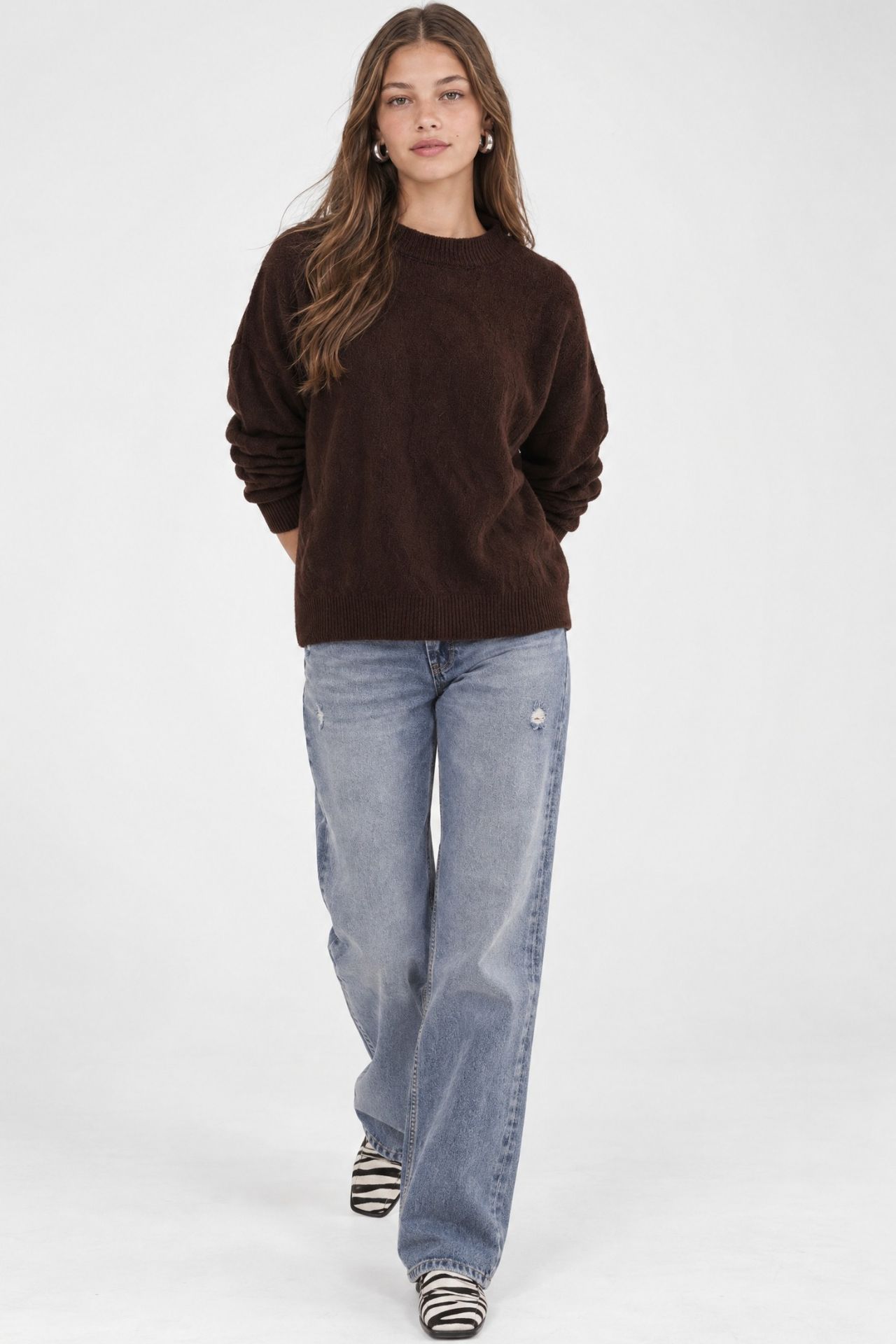 Mixray Ribbed Knitwear Pullover Sweater with Hair Braid Pattern 2
