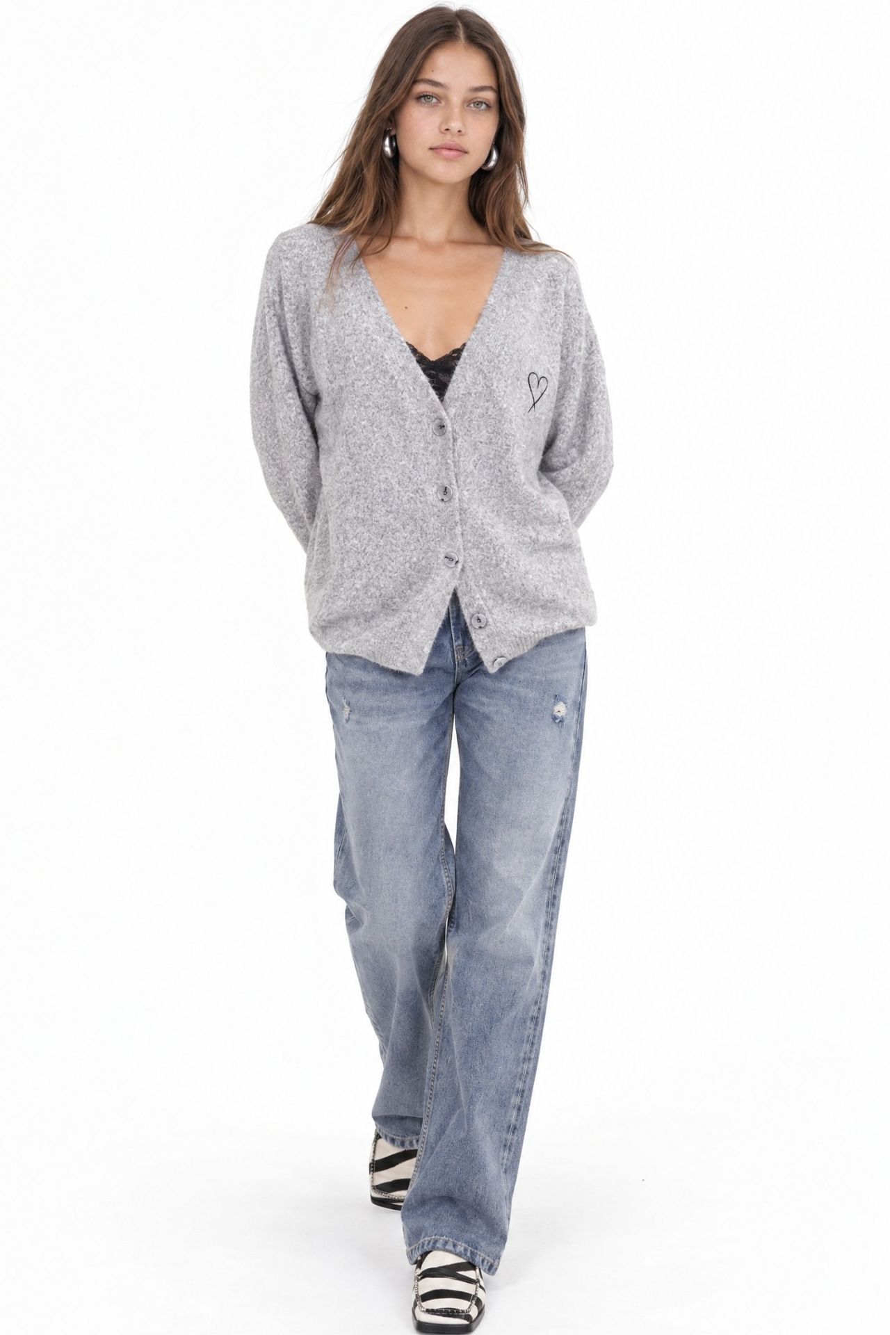 Mixray Oversized Knit Cardigan with Heart Detail 3