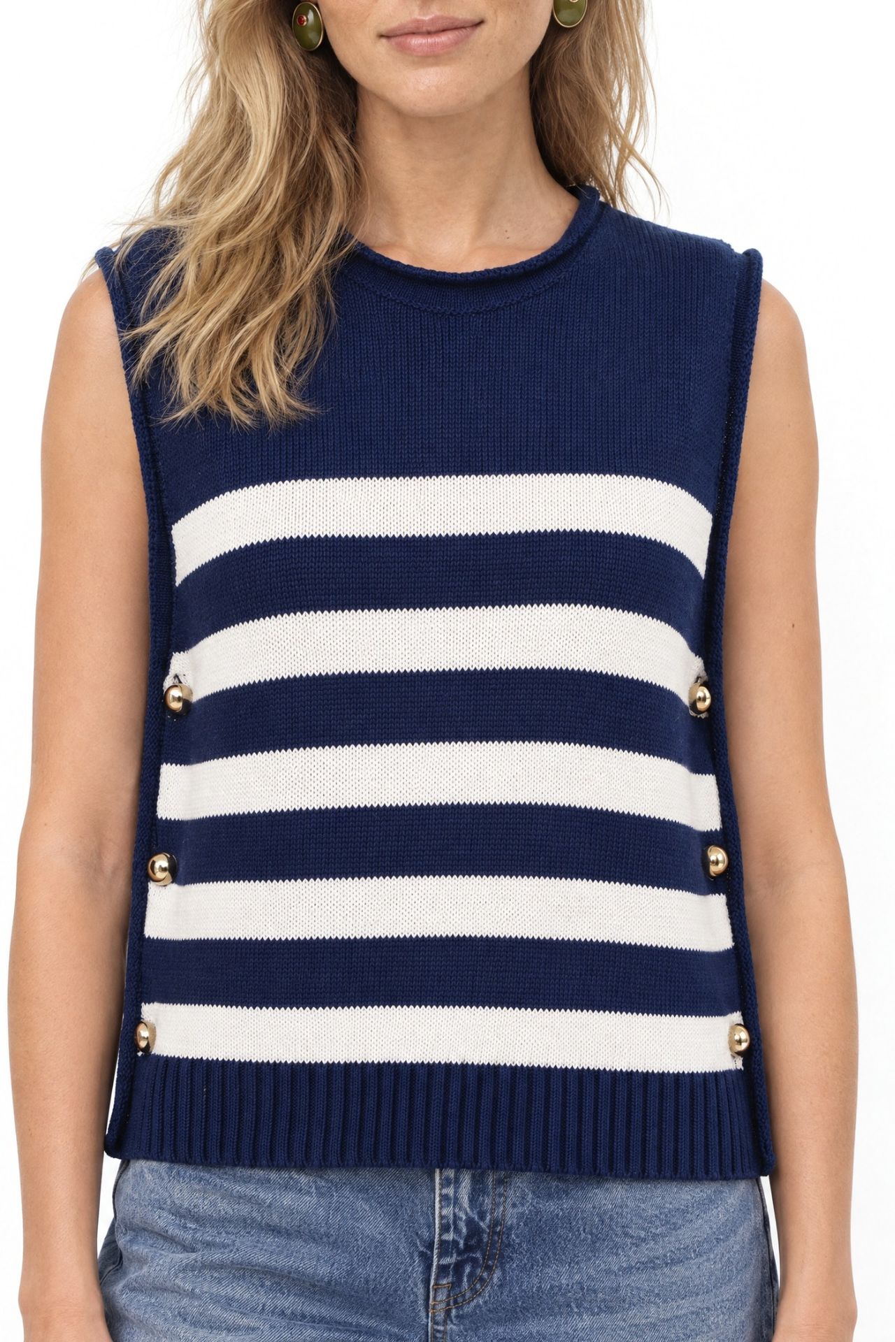 MIXRAY Striped Knit Top with Button Detail 4
