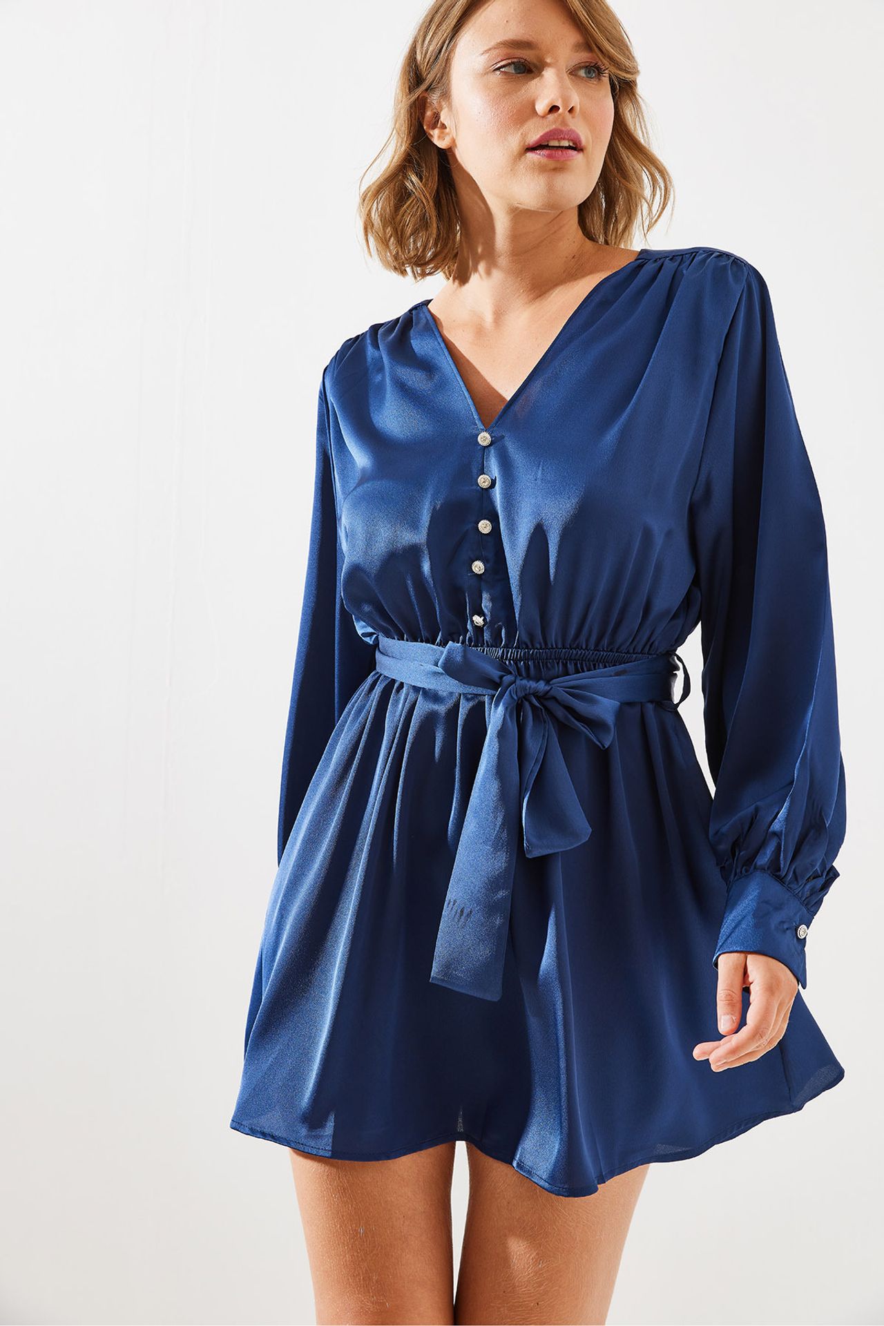 LUCCI V-neck Satin A-Form Midi Dress with Button Closure