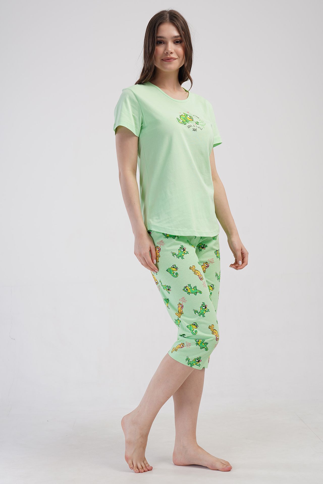YAKE Baskılı Bisiklet Yaka 2 Parçalı Pijama Takımı 2