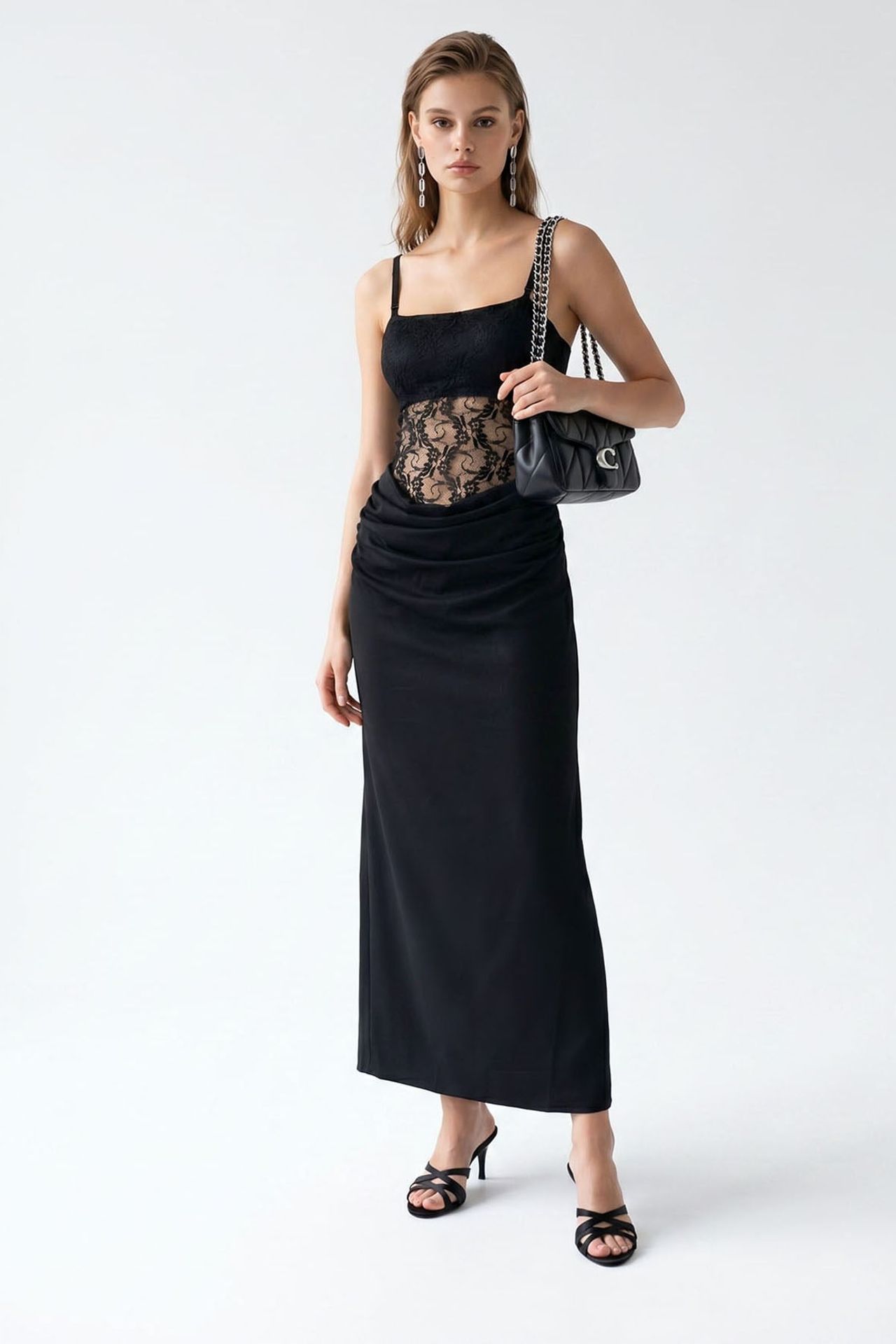 MIXRAY Sleeveless Satin Maxi Dress With Square Neckline 2