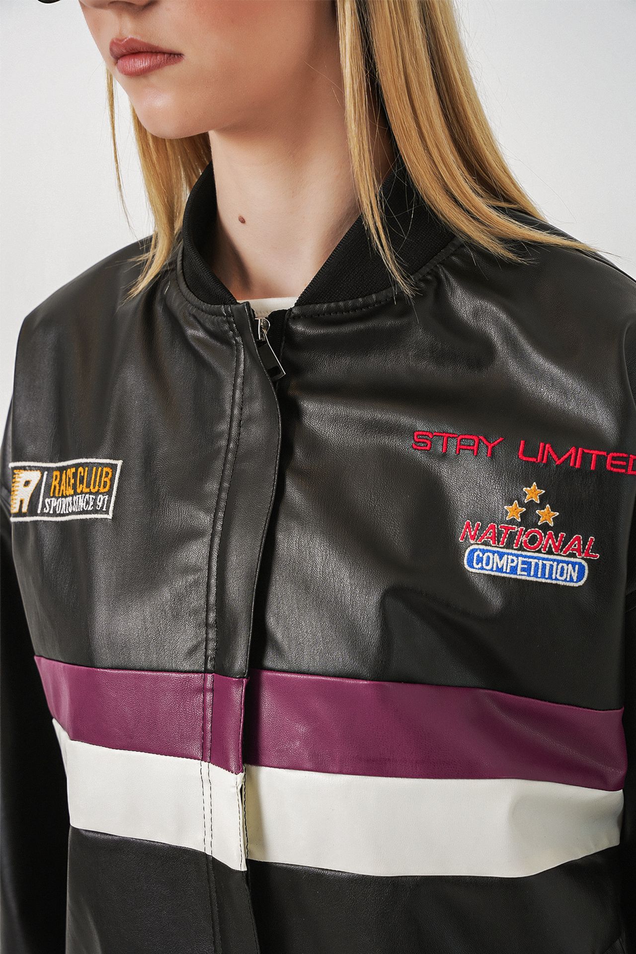 BDART Fitted Crop Faux Leather Bomber Jacket with Bow 5