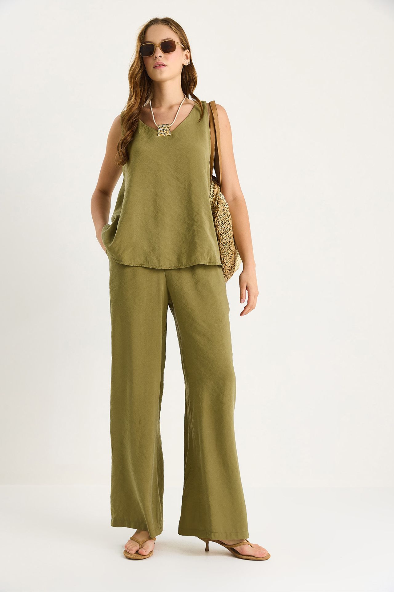 LUCCI V-Neck Cotton Blouse-Pants Two-Piece Set 4