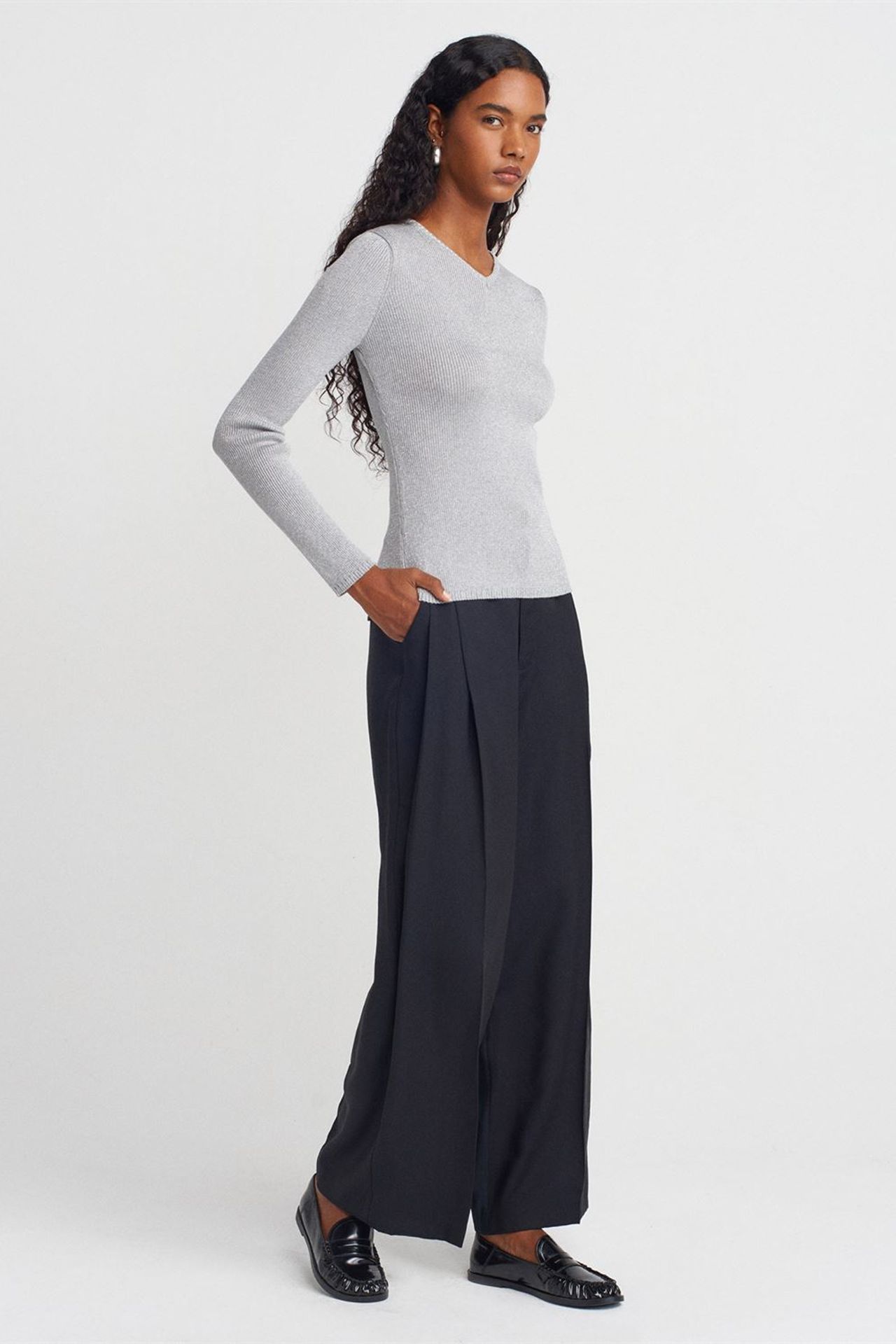 DILVIN Kadın Slim Fit V Yaka Fitilli Kazak 4