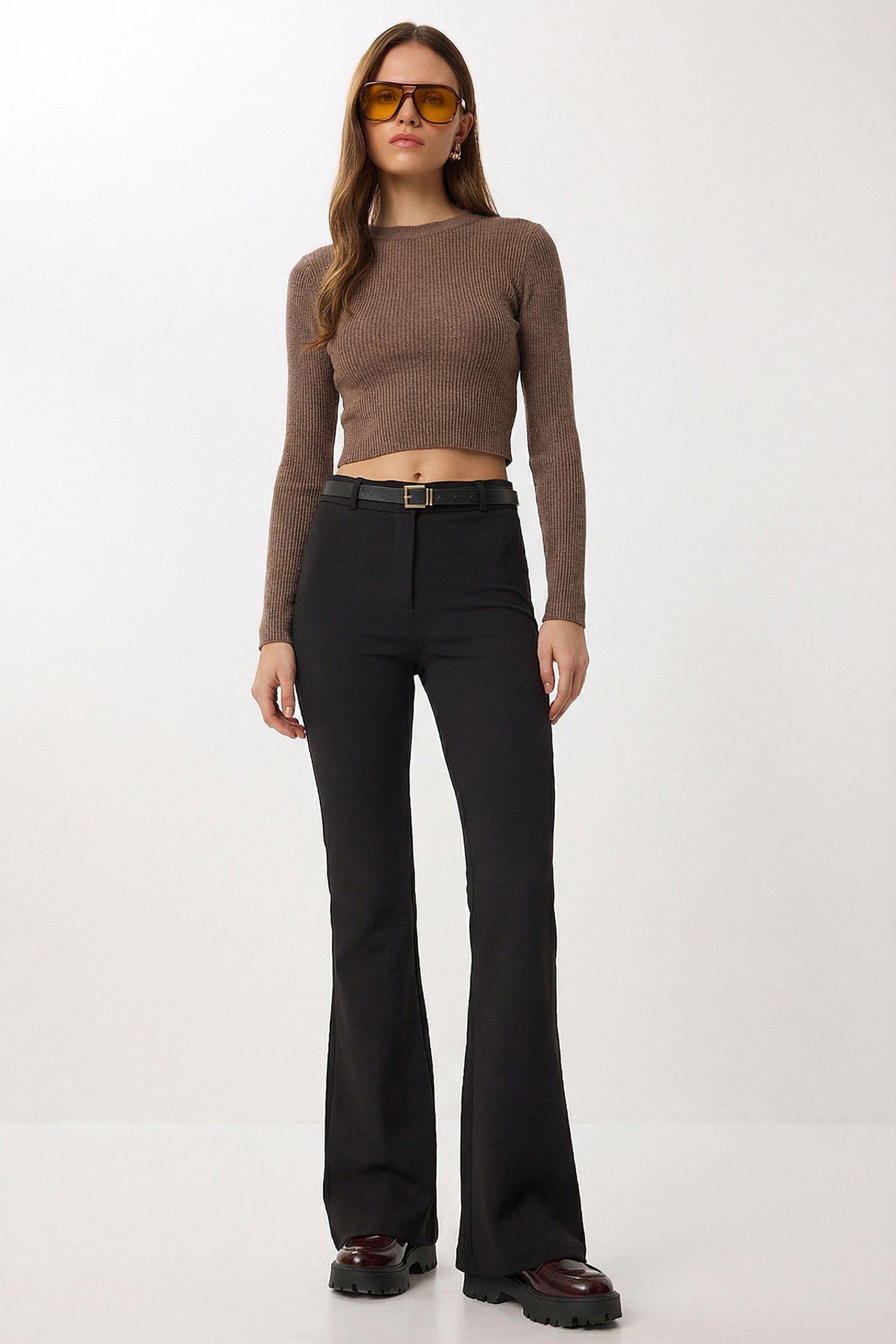 ISTANBUL High Waist Flare Leg Pants with Belt 1
