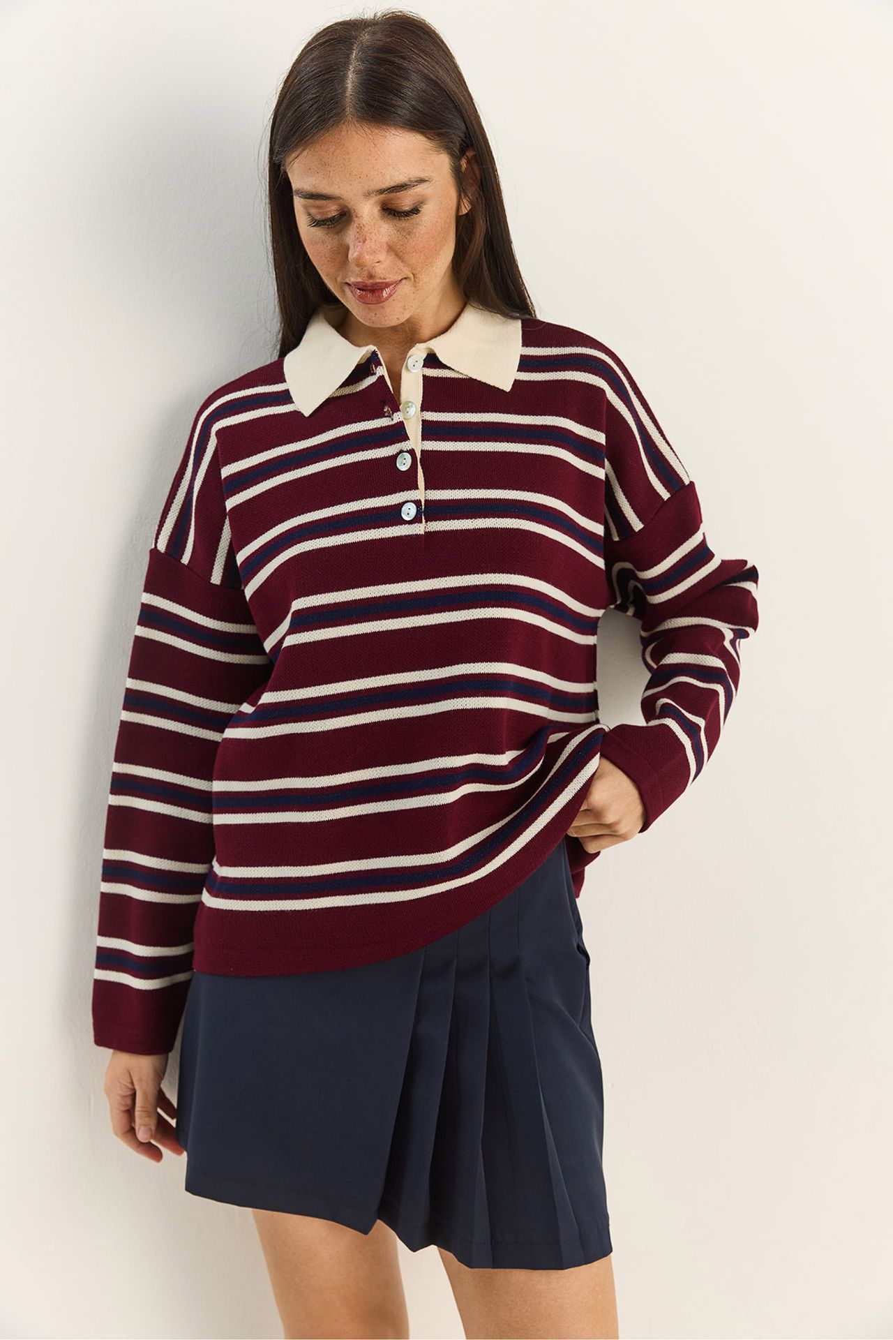 LUCCI Striped Polo Collar Button Sweater 1