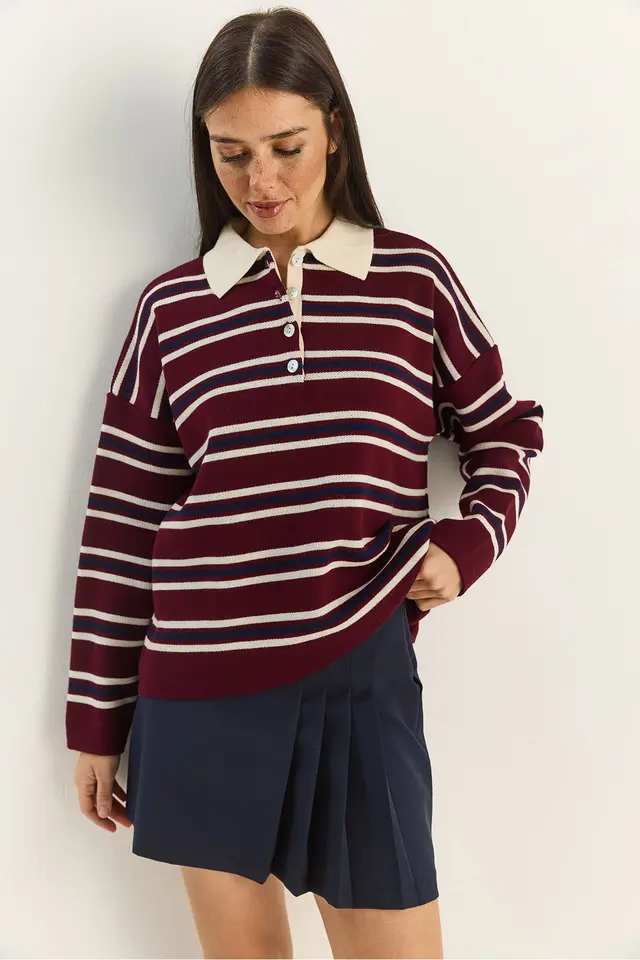 LUCCI Striped Polo Collar Button Sweater