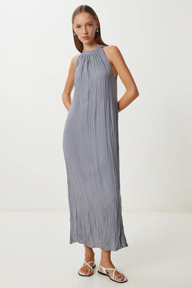 ISTANBUL Textured Midi Dress with Halter Collar