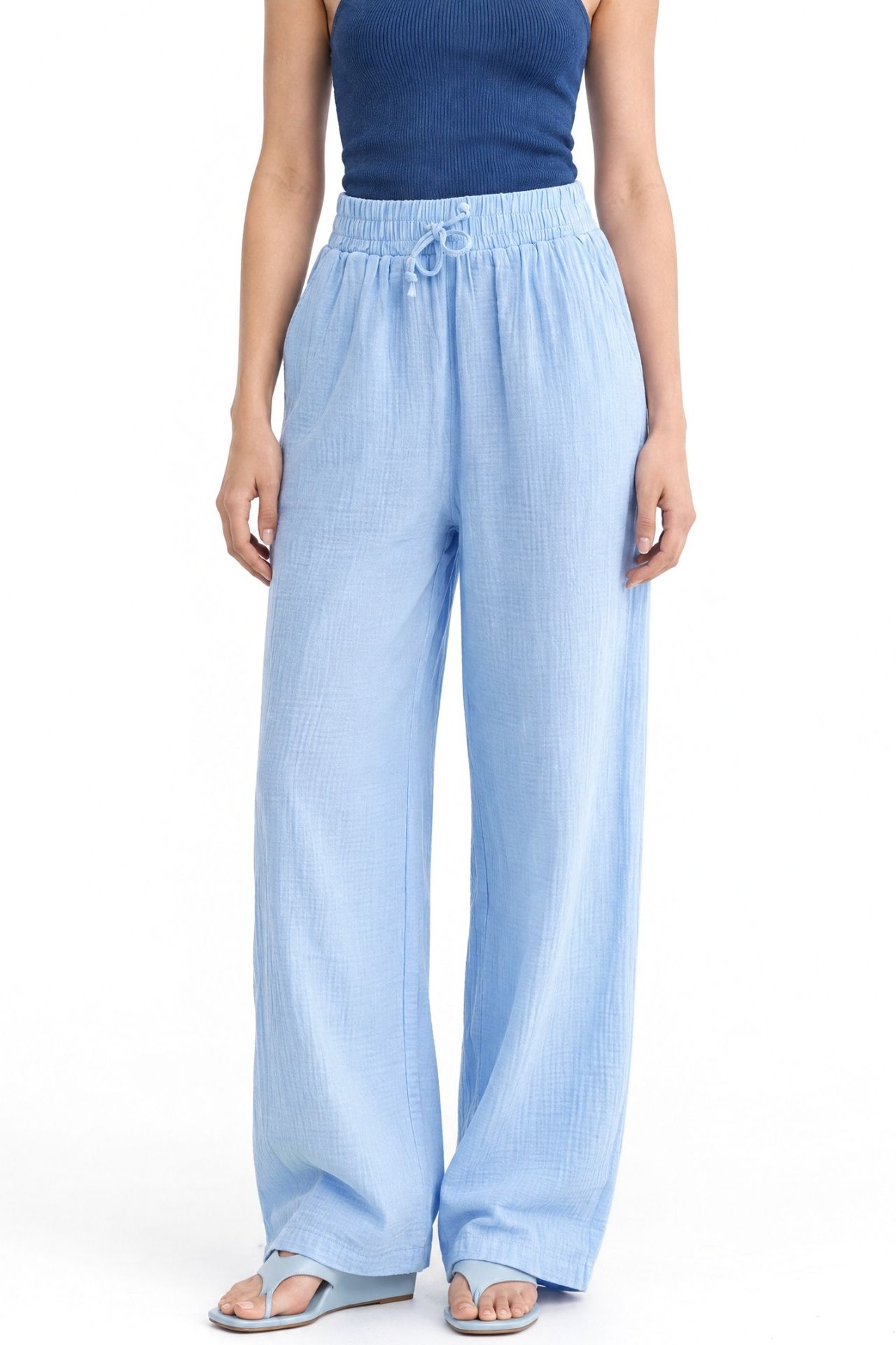 Mixray High Waist Textured Muslin Fabric Pants 1