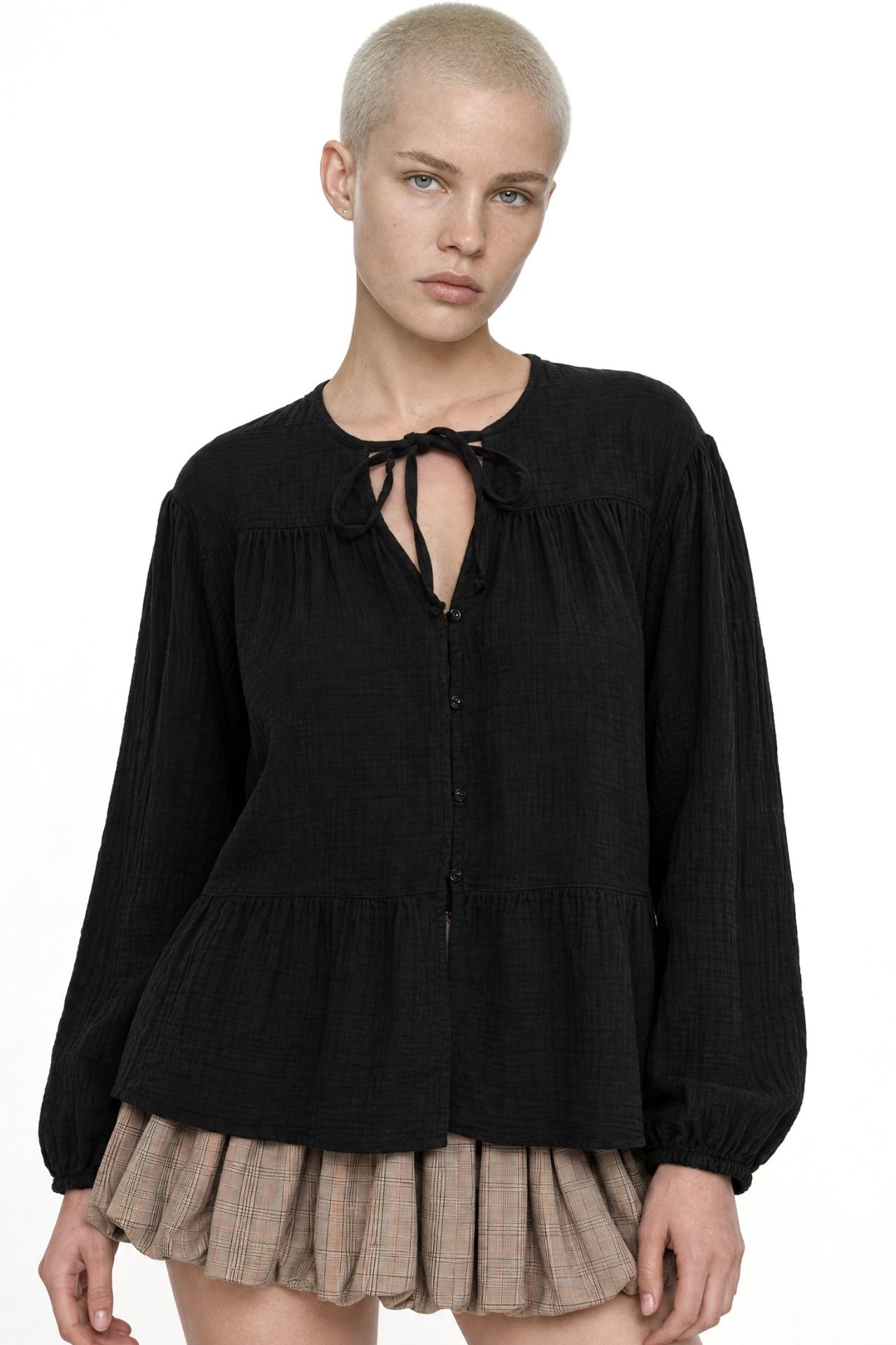 Mixray Long Sleeve Relaxed Fit Blouse with Tie-Neck 1