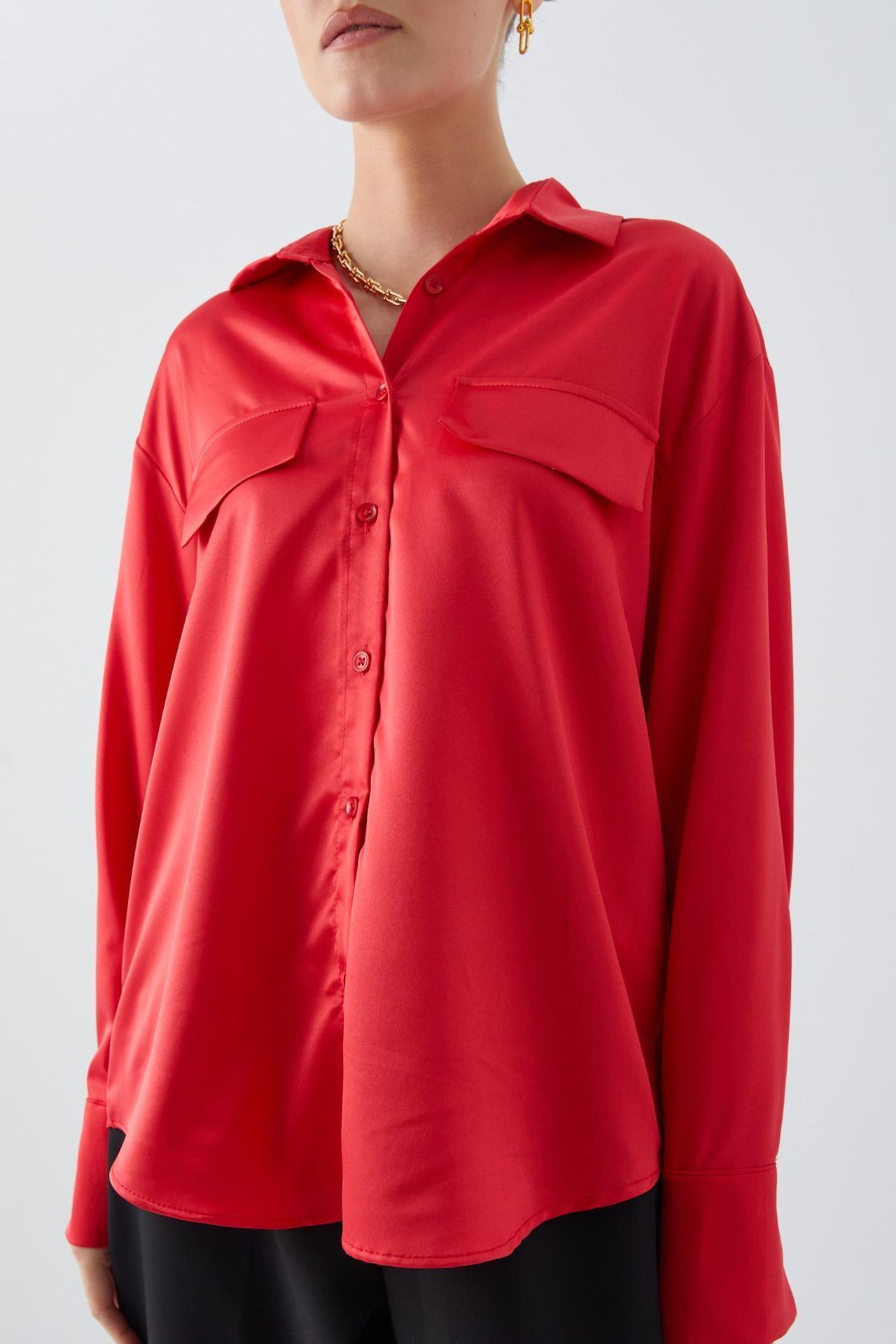 Satin Button-Up Shirt with Pocket Detail 4