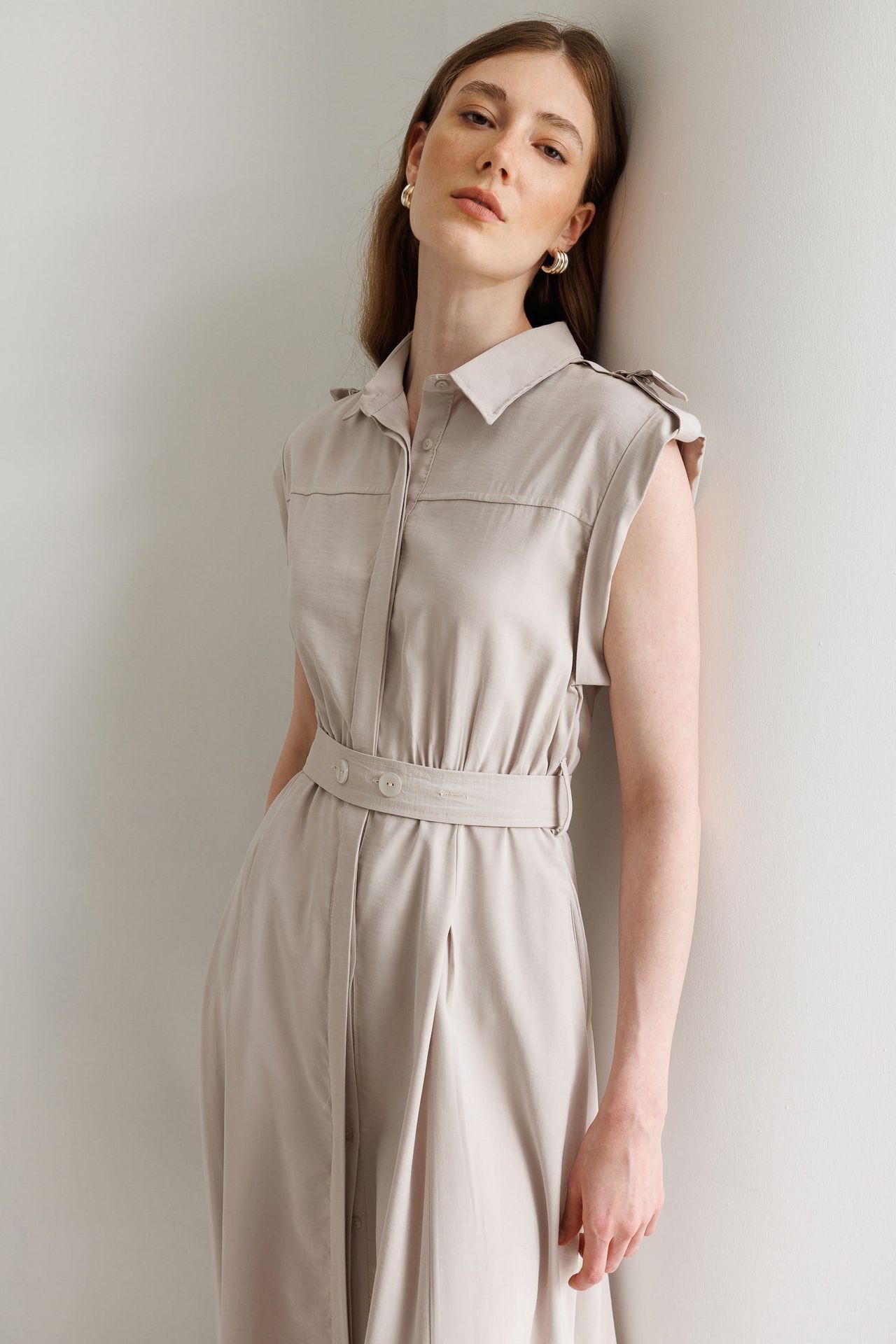 MIXRAY Textured A-Line Midi Shirt Dress with Belt 2
