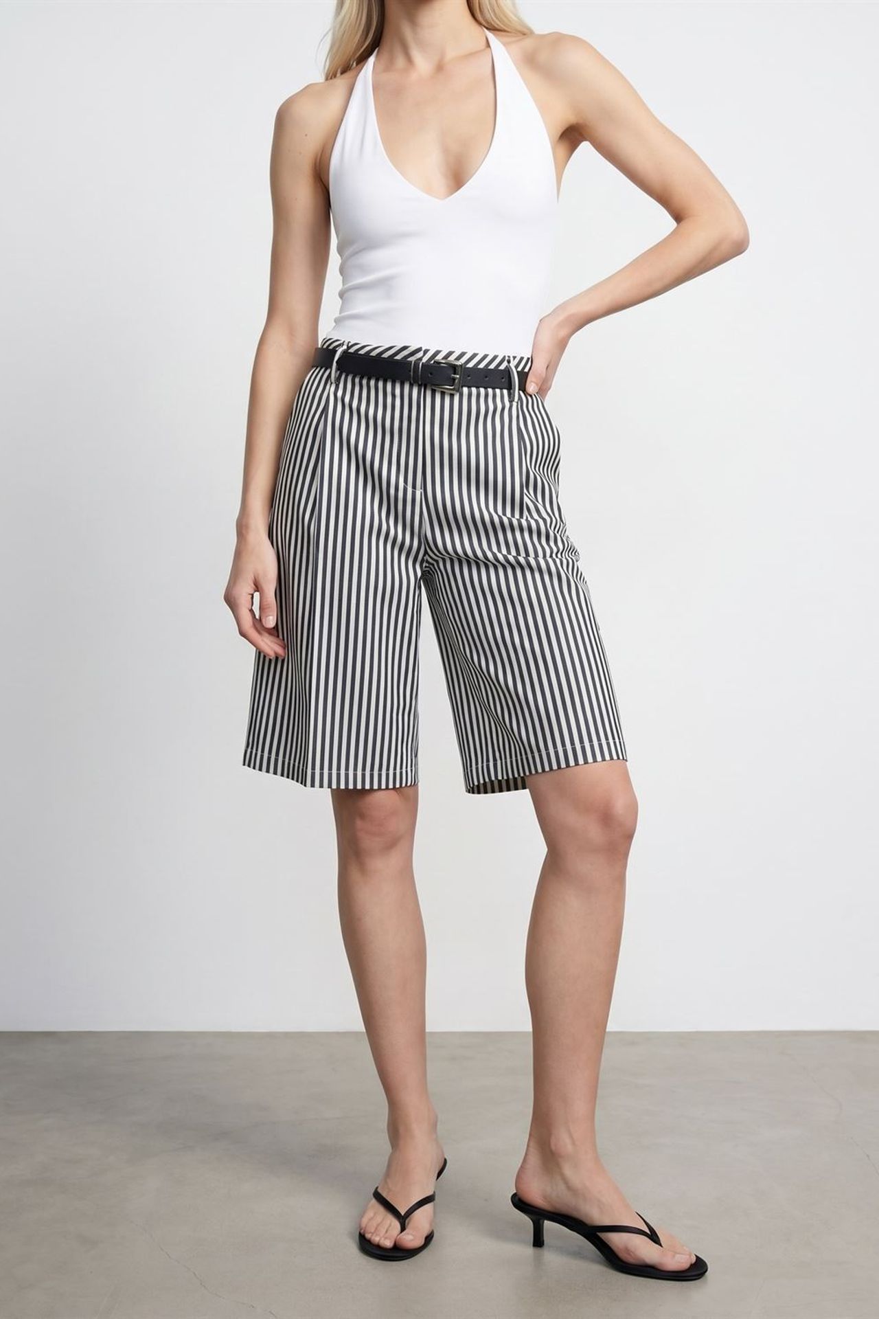 DILVIN Women's High-waist Striped Belted Tailored Shorts 3