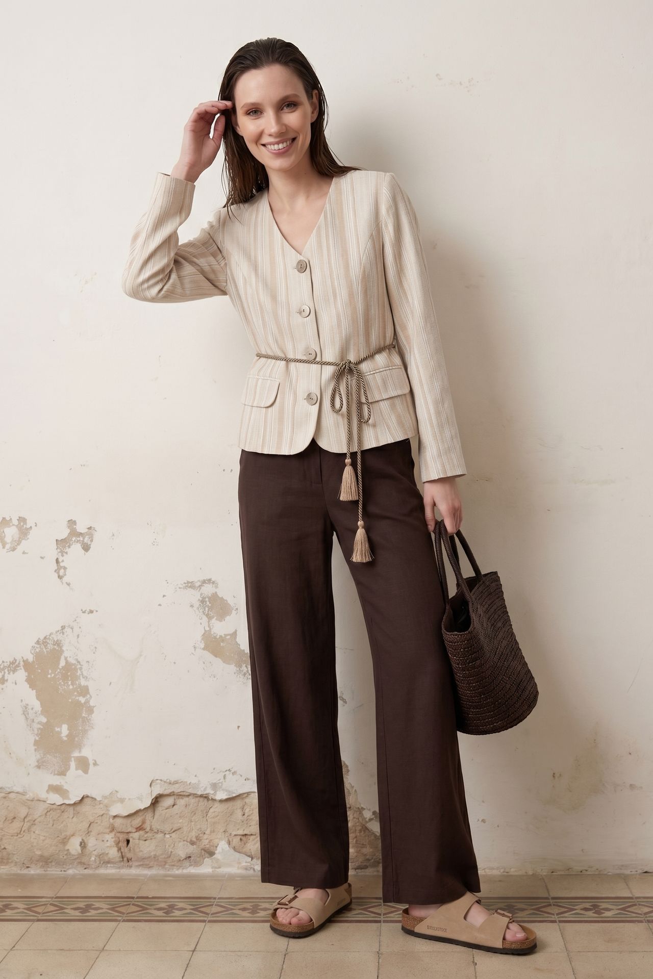 MY FASHION Striped belted poplin jacket 1