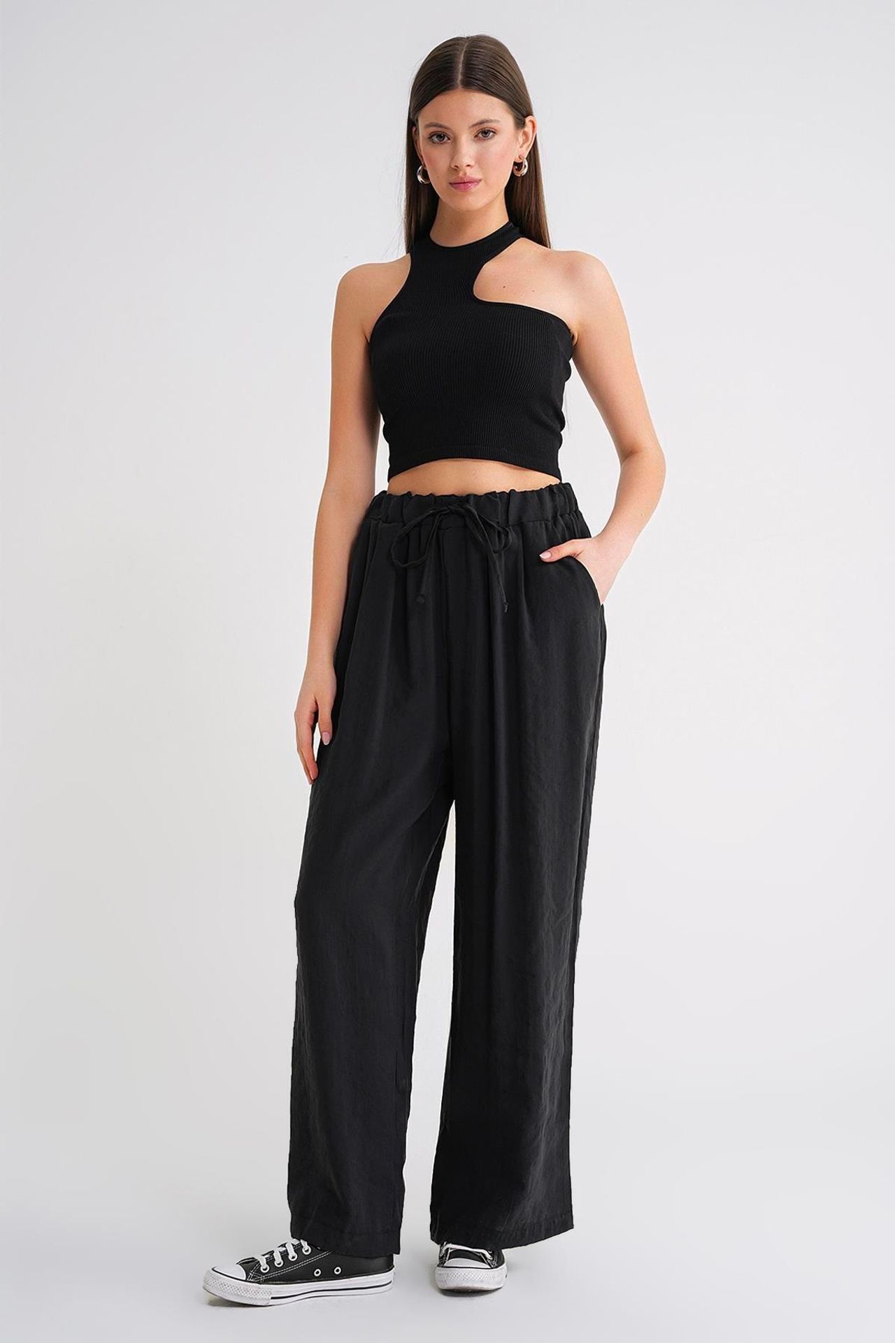 Mixray High Waist Modal Pleated Palazzo Pants with Drawstring 1