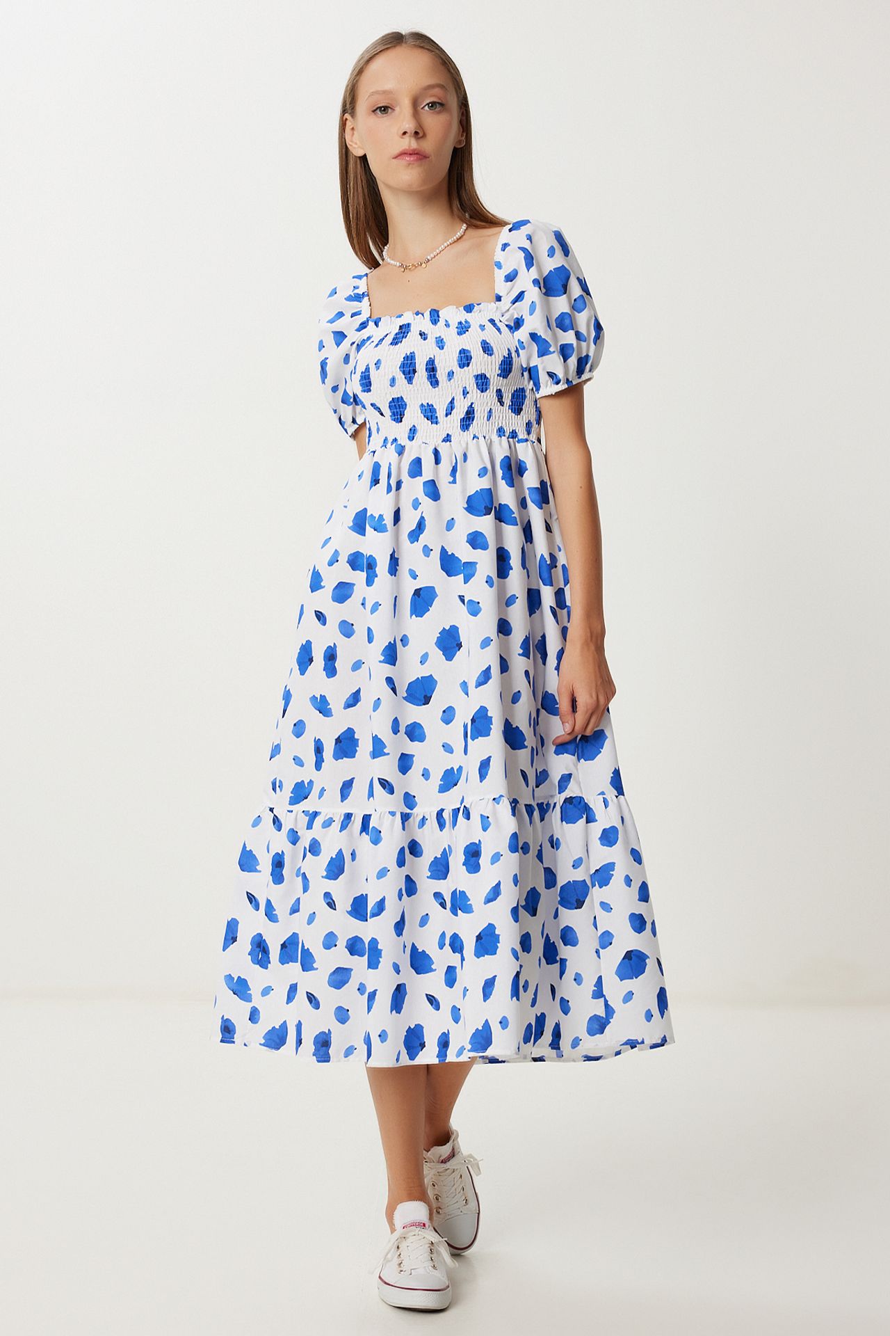 ISTANBUL Frilly Abstract Print A-Line Midi Dress with Square Collar 2