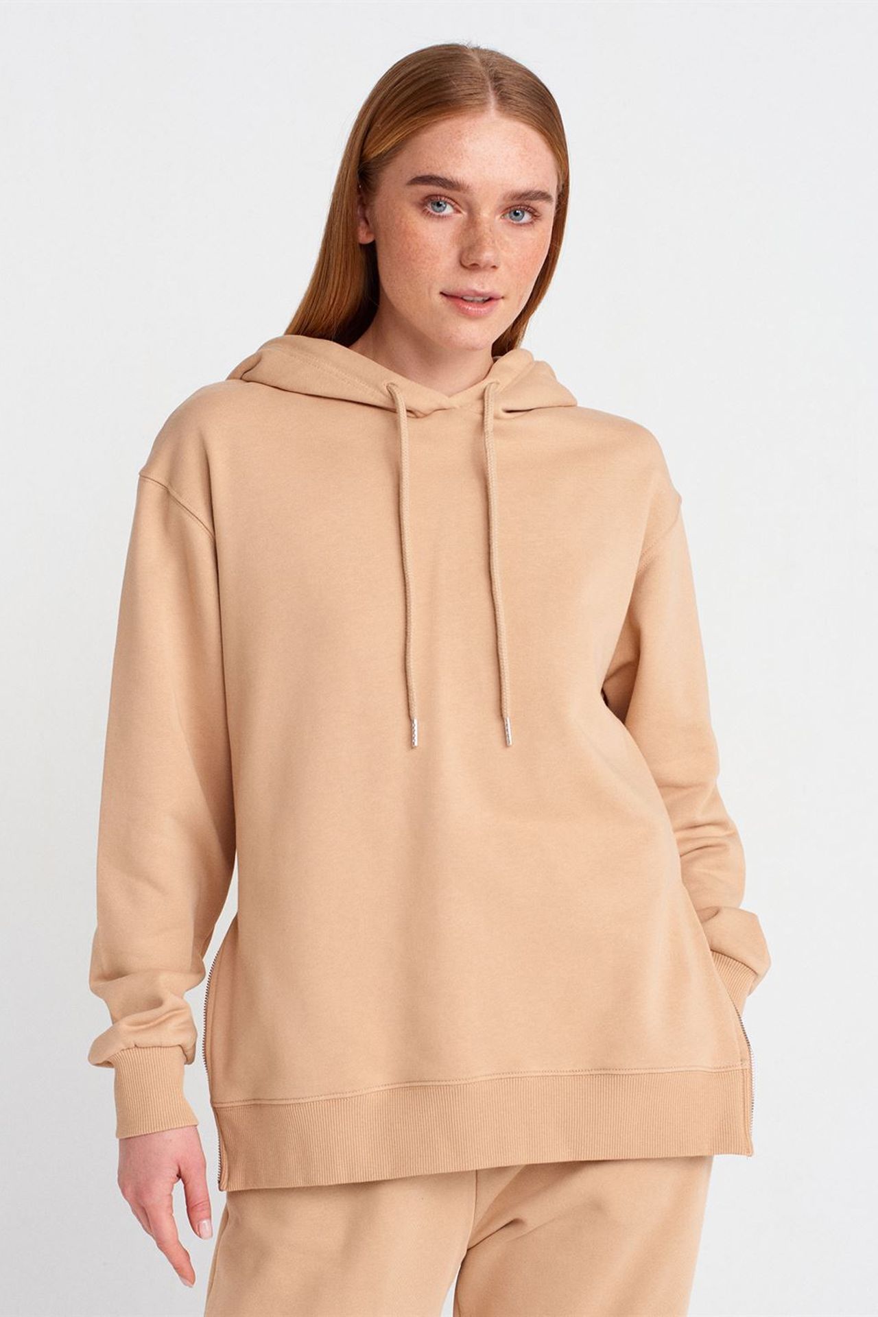 DILVIN Oversize Pamuklu Kapüşonlu Fermuarlı Sweatshirt 1