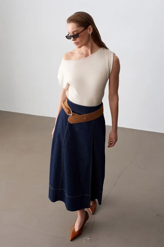 DILVIN High-Waist A-Line Denim Maxi Skirt With Belt