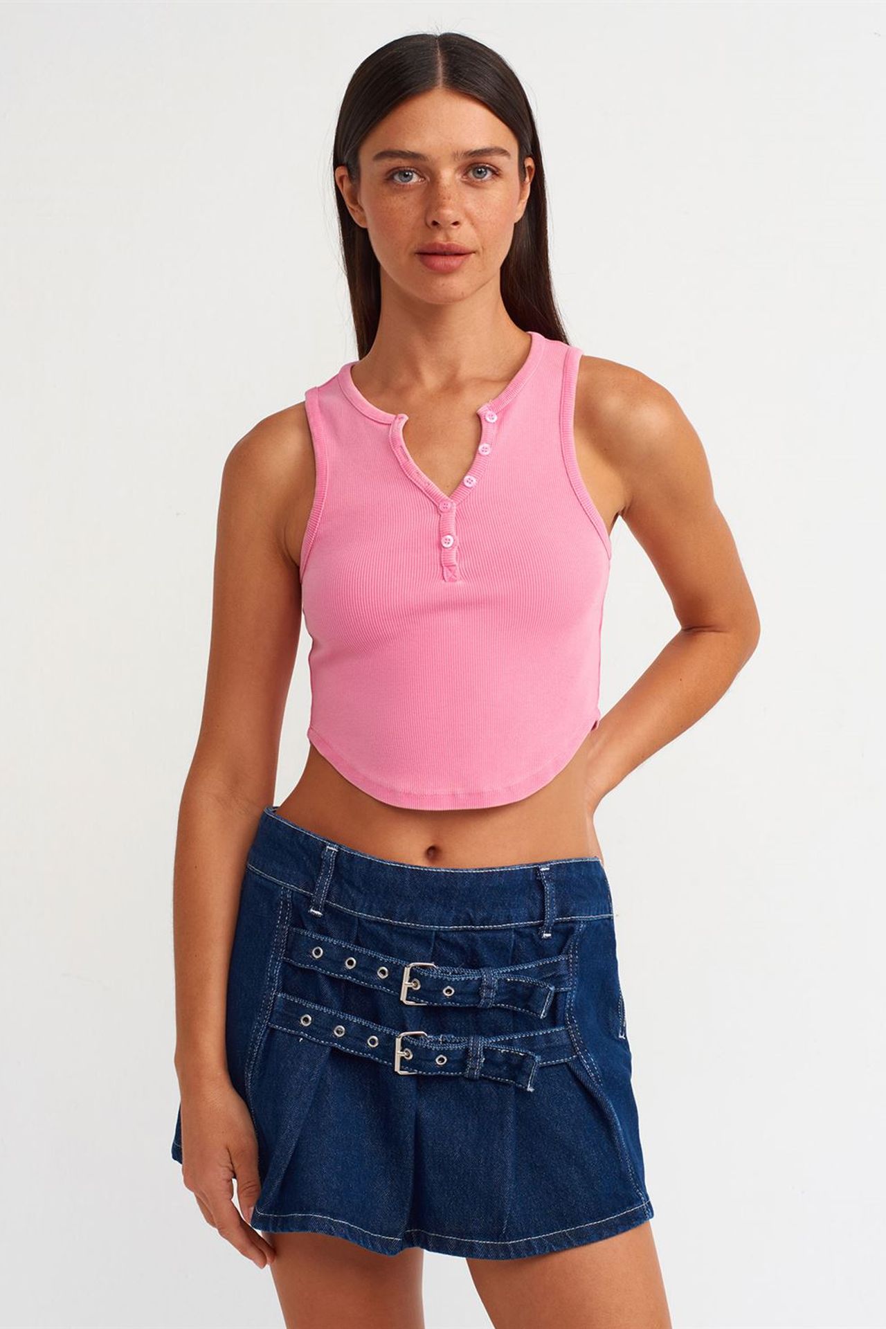 DILVIN Düğmeli Fitilli Crop Bluz 1