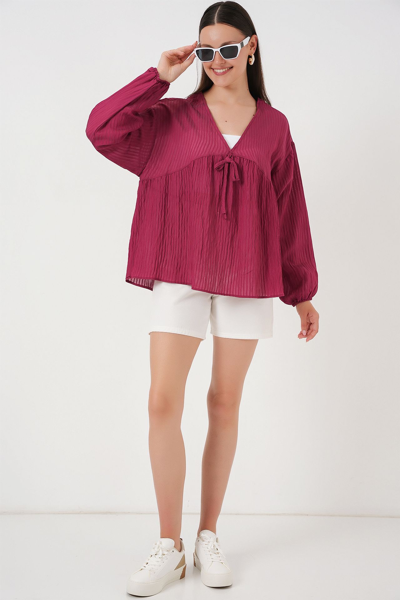 BDART Textured Seersucker V-Neck Blouse with Bow Tie 2