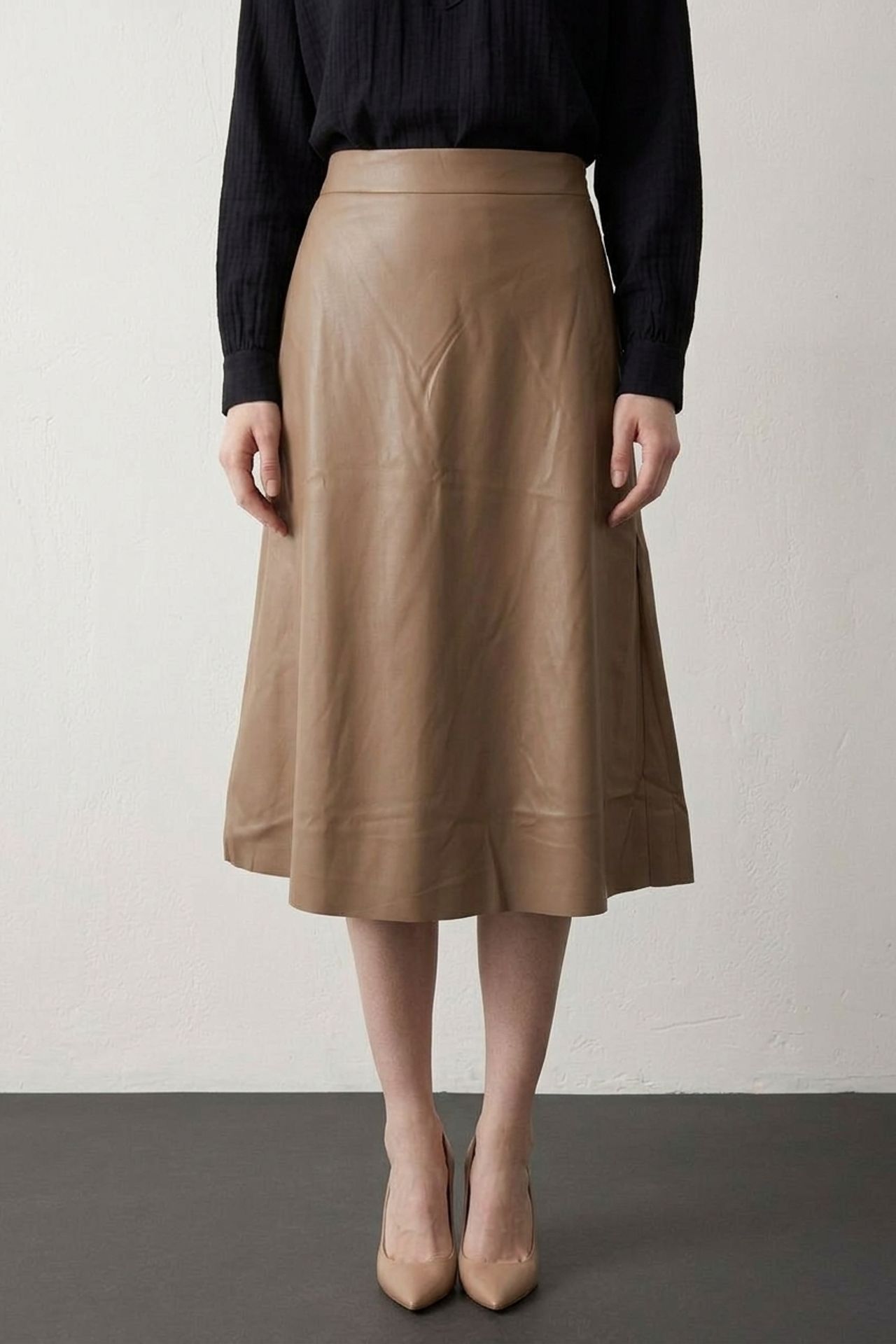 MY FASHION High-Waist Midi A-Line Faux Leather Skirt 4