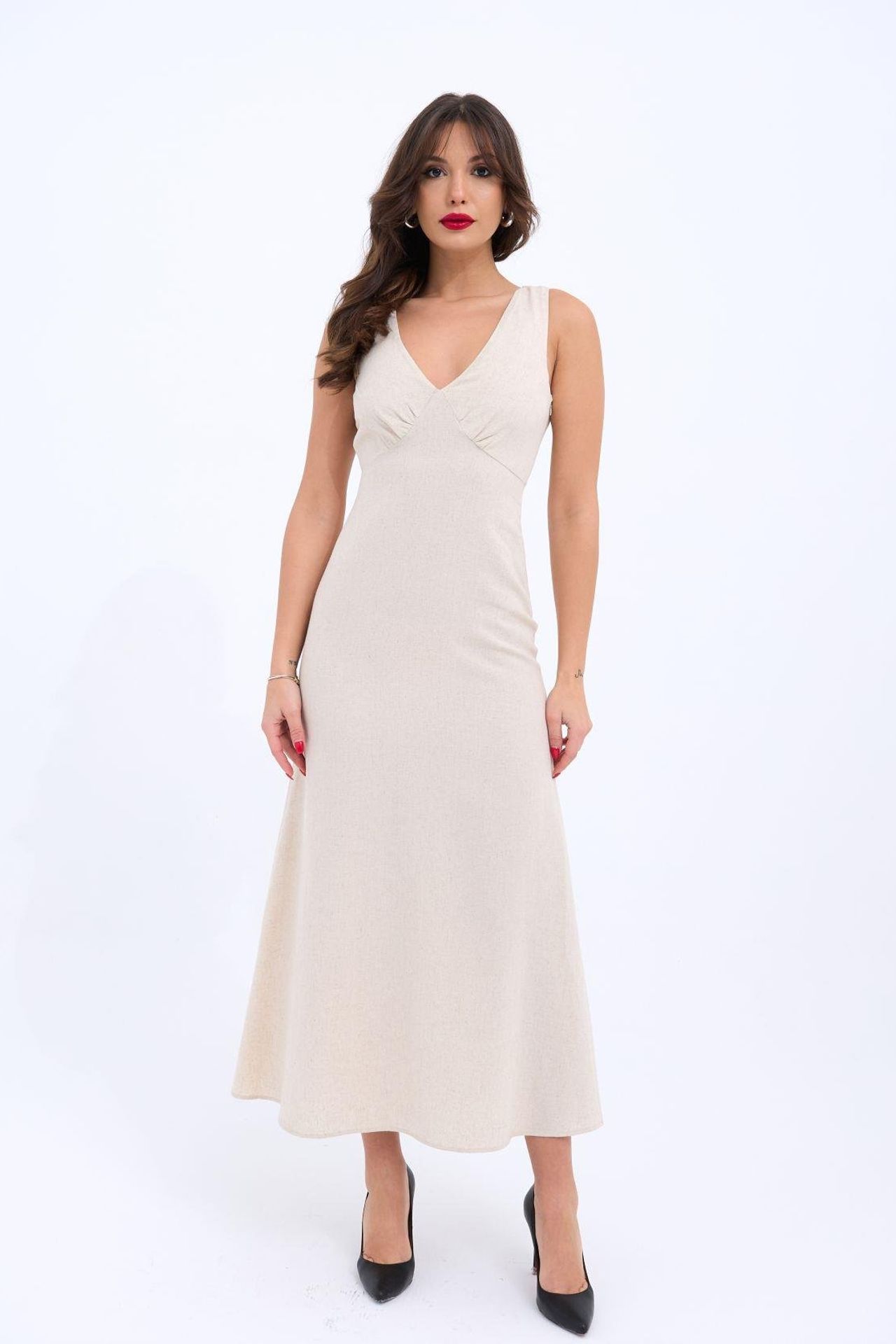 JANES V-Neck Sleeveless Midi Dress with Drape Detail 1