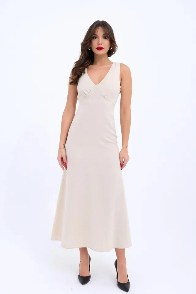 JANES V-Neck Sleeveless Midi Dress with Drape Detail