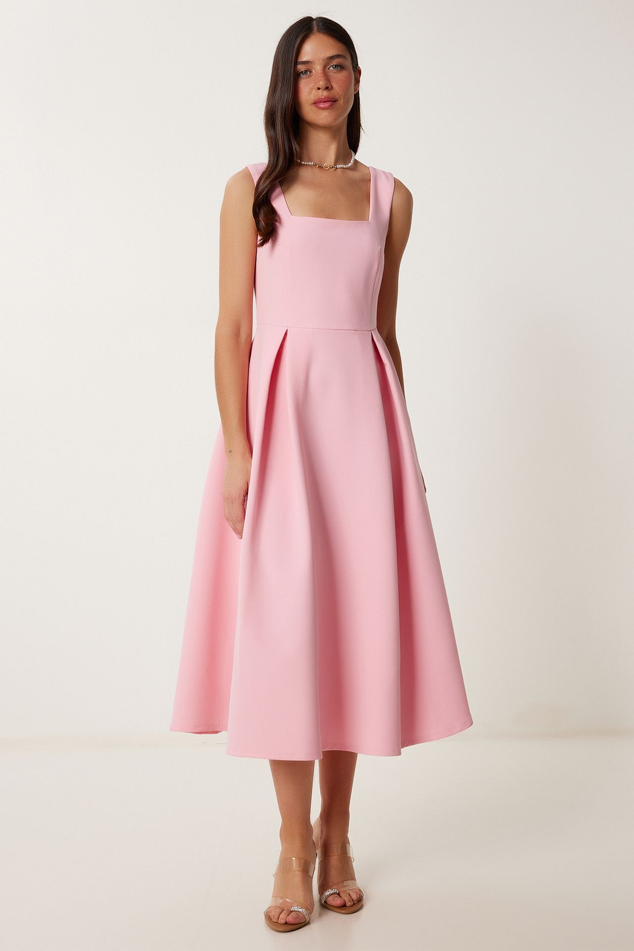 ISTANBUL Square Collar A-Form Midi Dress with Zipper Closure 2