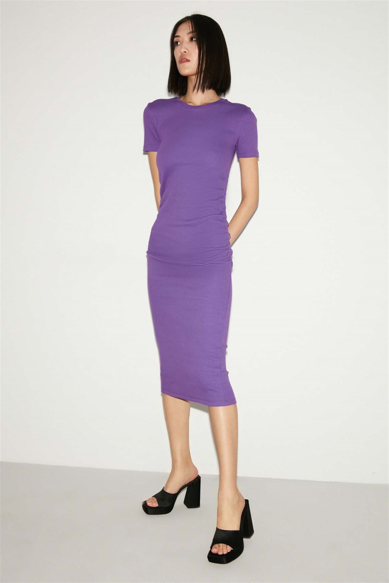 GRIMELANGE Crew Neck Shirred Midi Bodycon Dress 4