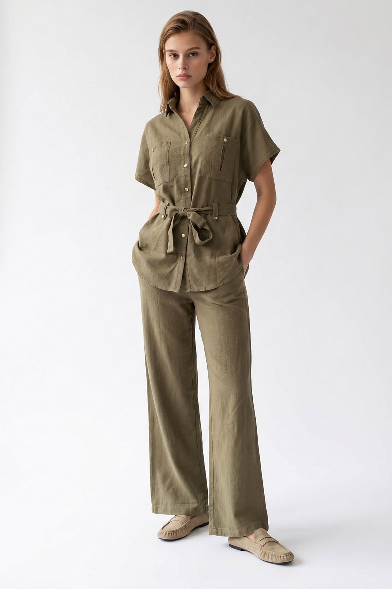 MIXRAY Cotton Shirt And Wide-Leg Trousers Set 4
