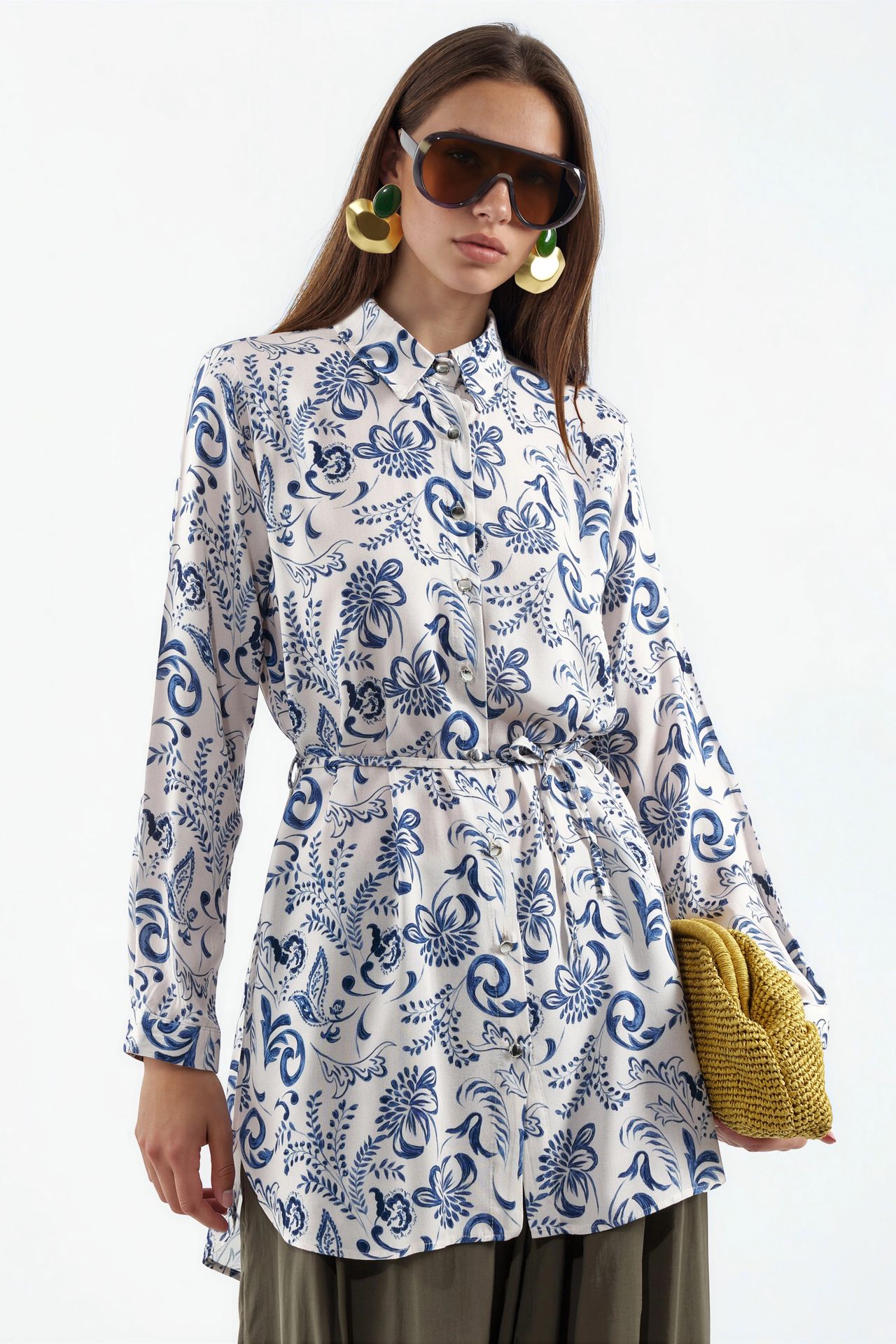 BDART Floral Viscose Crepe Belted Long Shirt 1