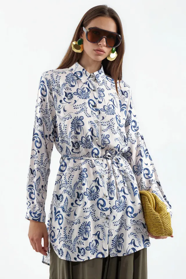 BDART Floral Viscose Crepe Belted Long Shirt