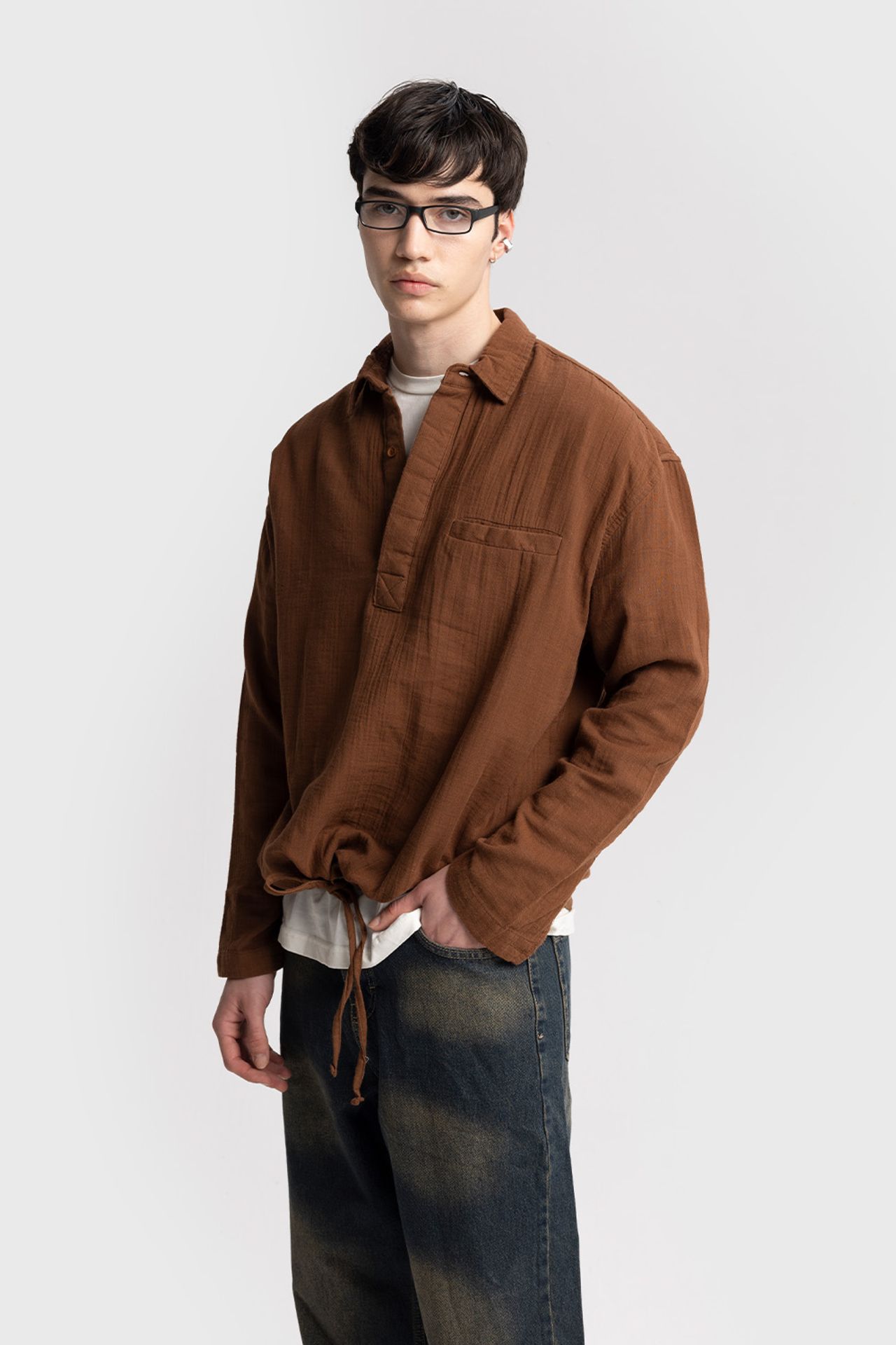 GIESTO Men's Relaxed Cotton Long-Sleeve Shirt with Tie Detail 2