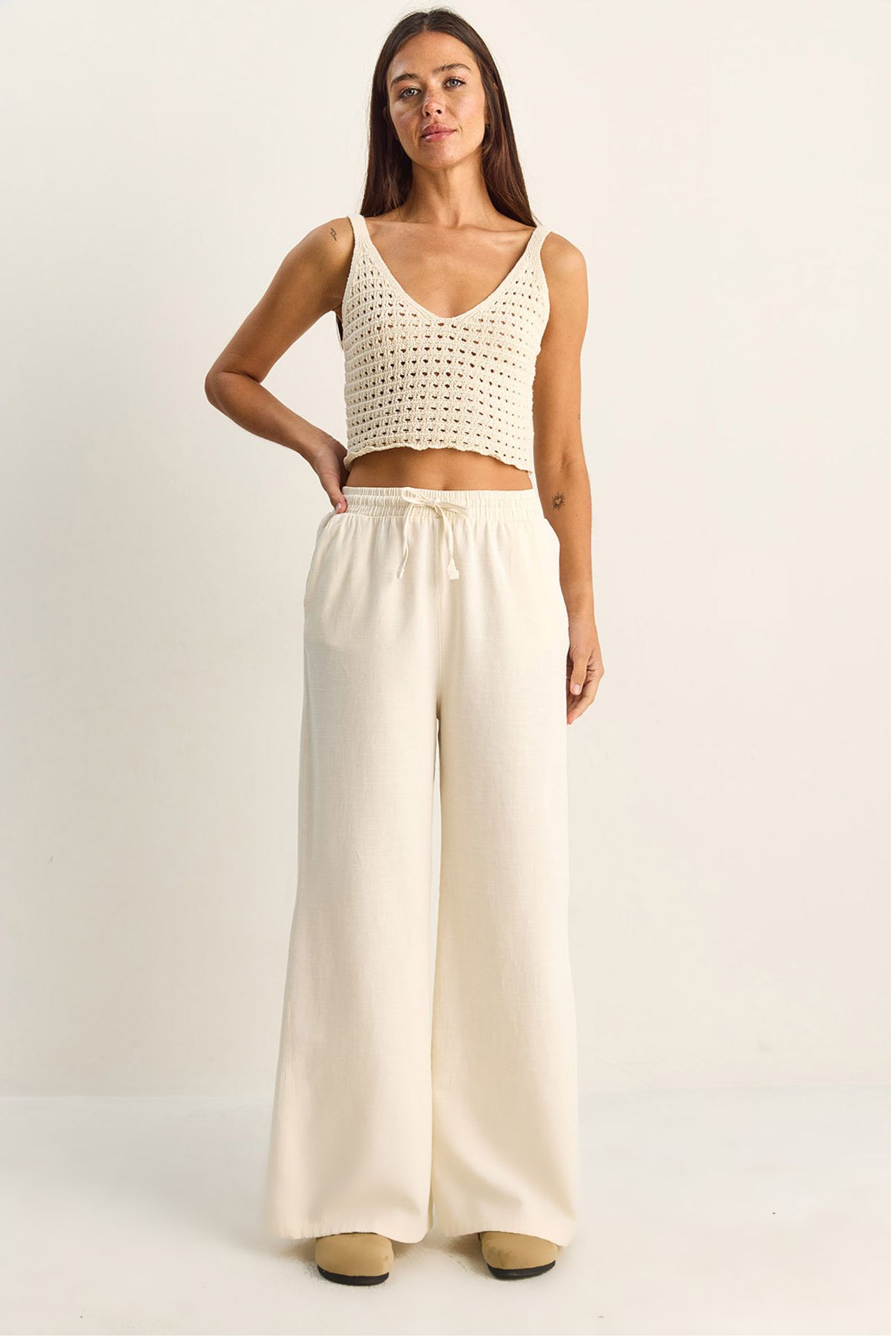 LUCCI Wide Leg Cotton Trousers with Drawstring Waist 1