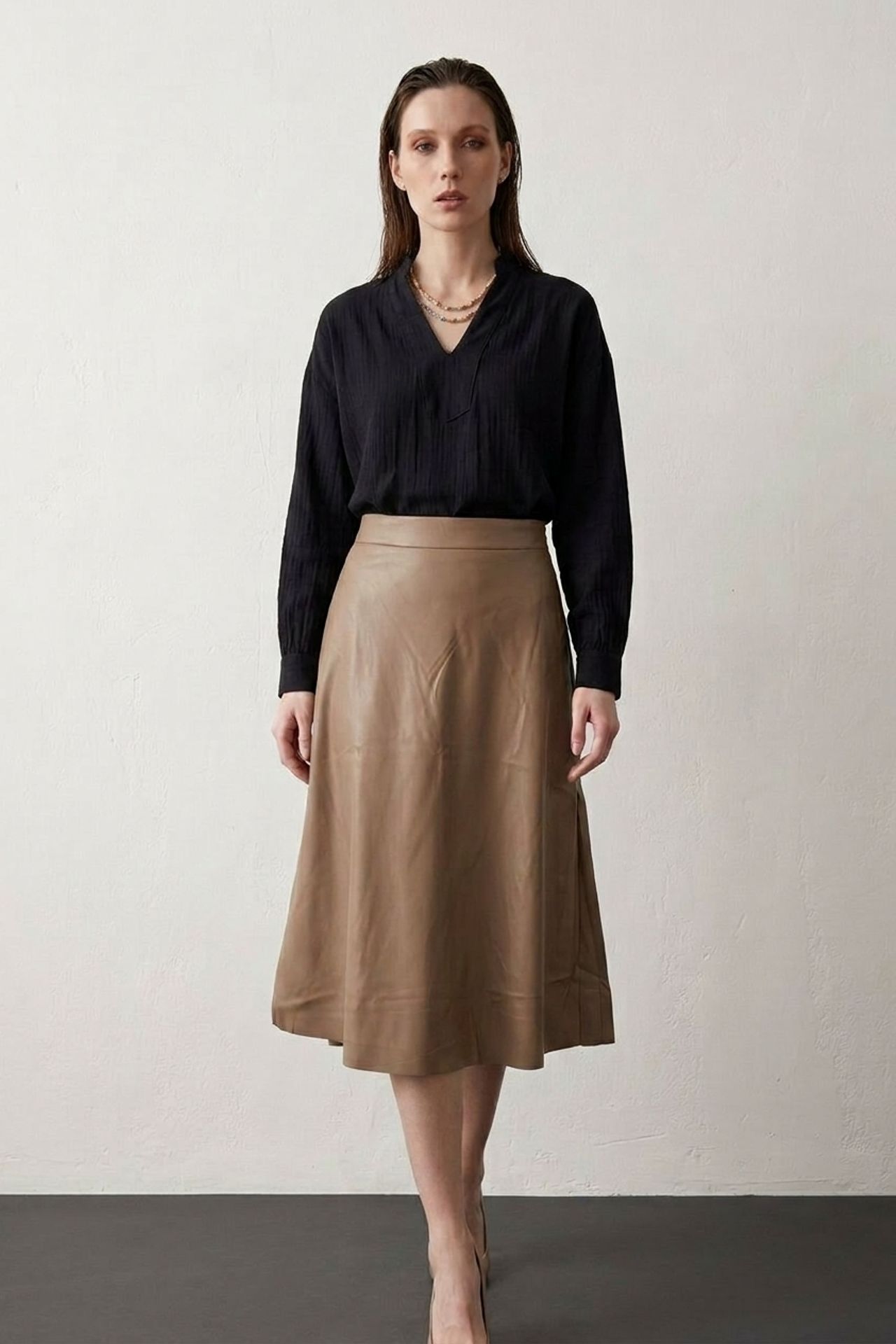 MY FASHION High-Waist Midi A-Line Faux Leather Skirt 6