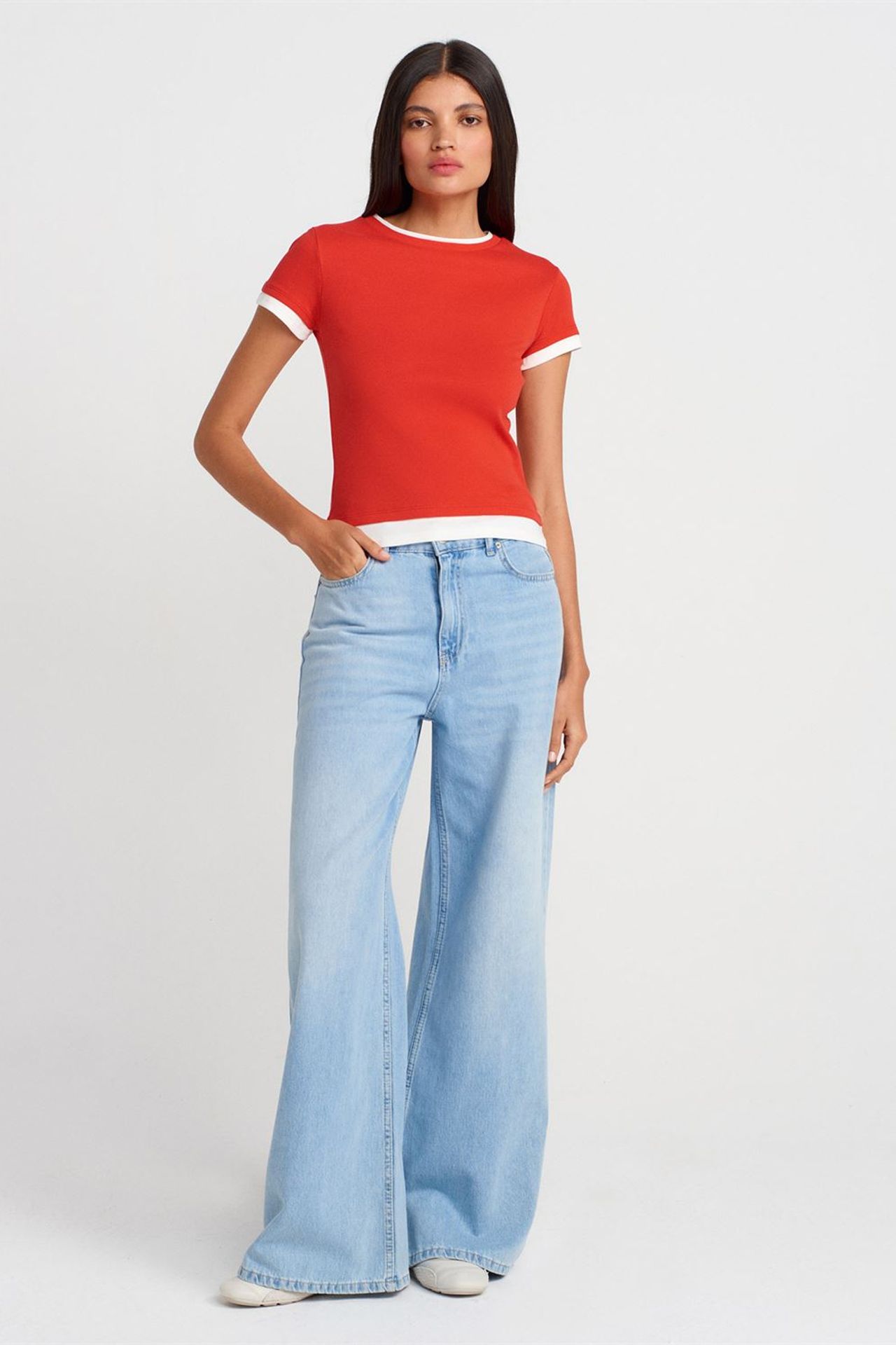 DILVIN Kadın Slim Fit Pamuklu Bisiklet Yaka Tişört 4