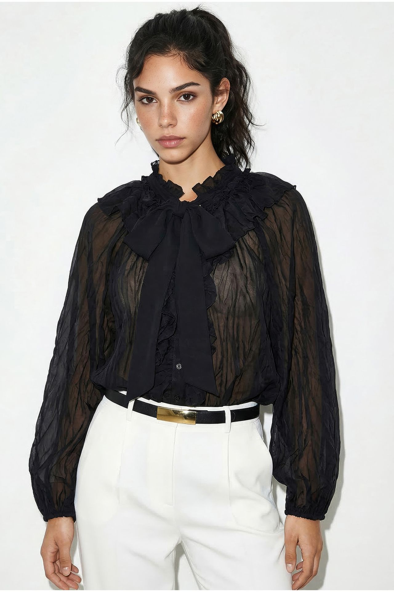 LUCCI Button-Up Crepe Blouse with Bow Detail 2