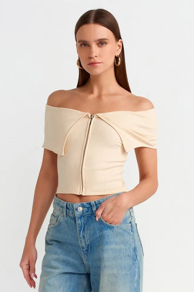 DILVIN Women's Off-shoulder Crop T-shirt With Zipper