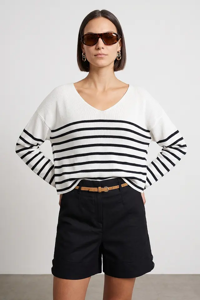 DILVIN Striped V-neck Ribbed Knit Sweater
