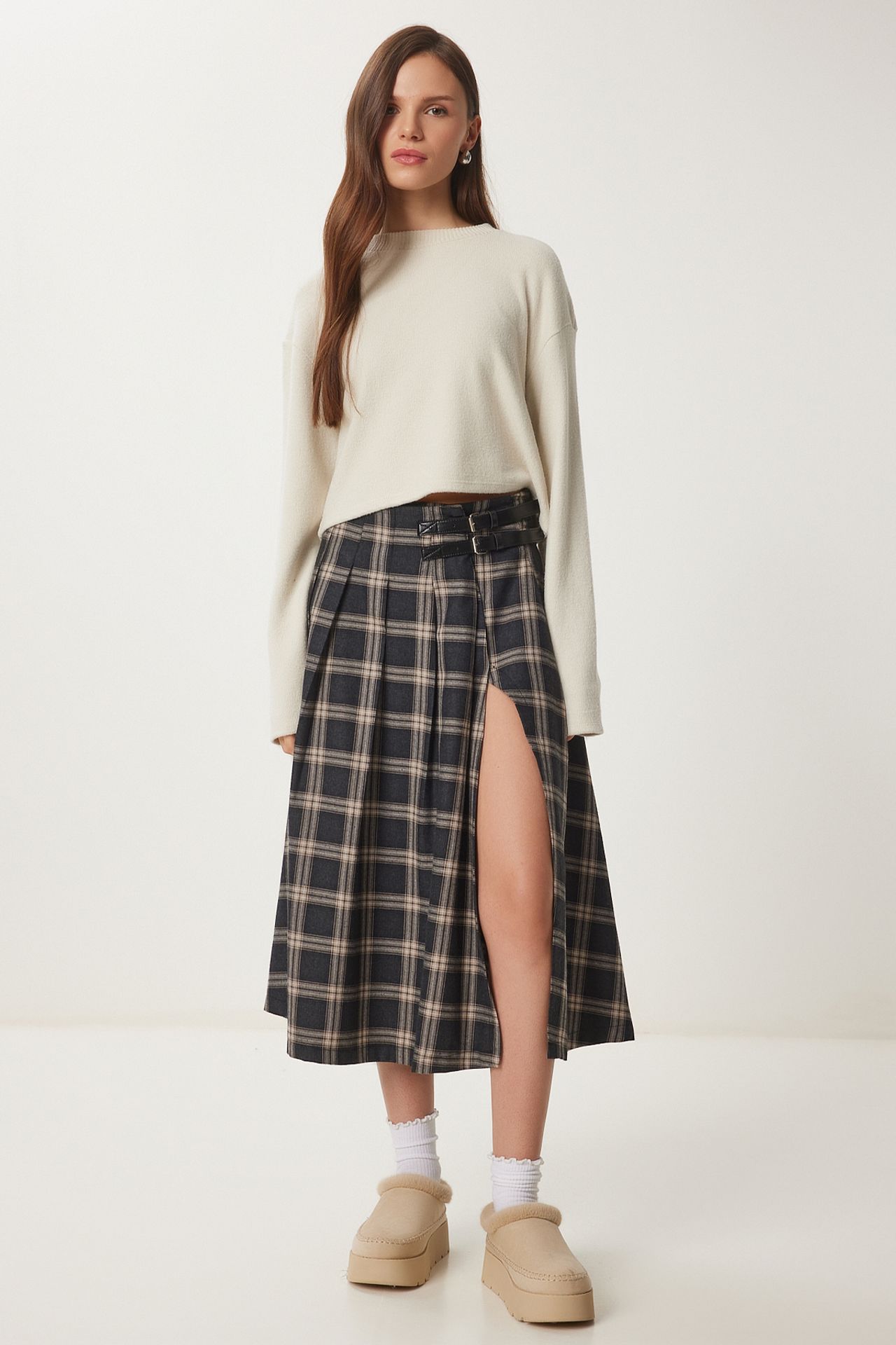 ISTANBUL Belt Detailed High Waist Long Plaid Skirt 4