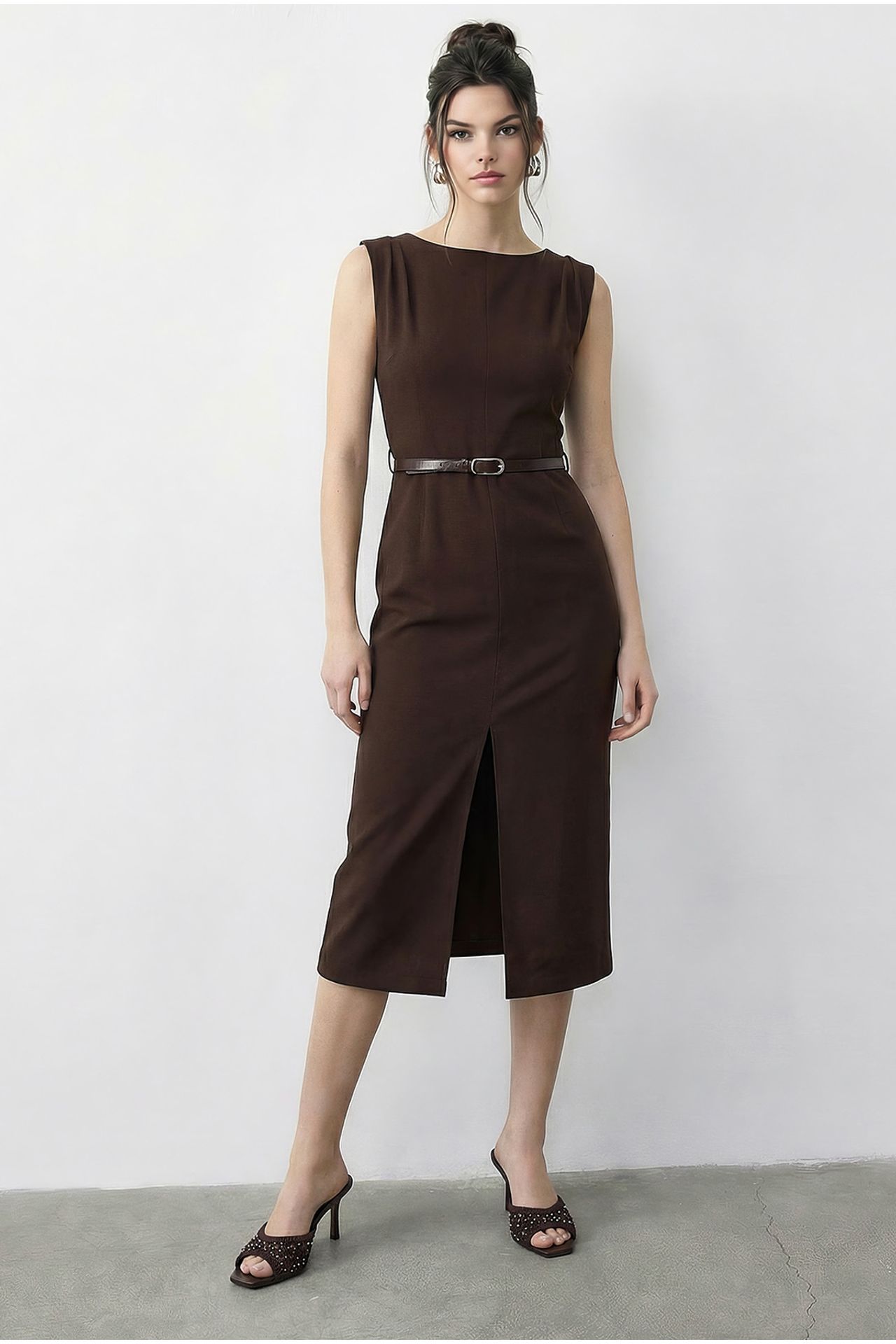 LUCCI Belted Midi Pencil Dress with Boat Neck 1